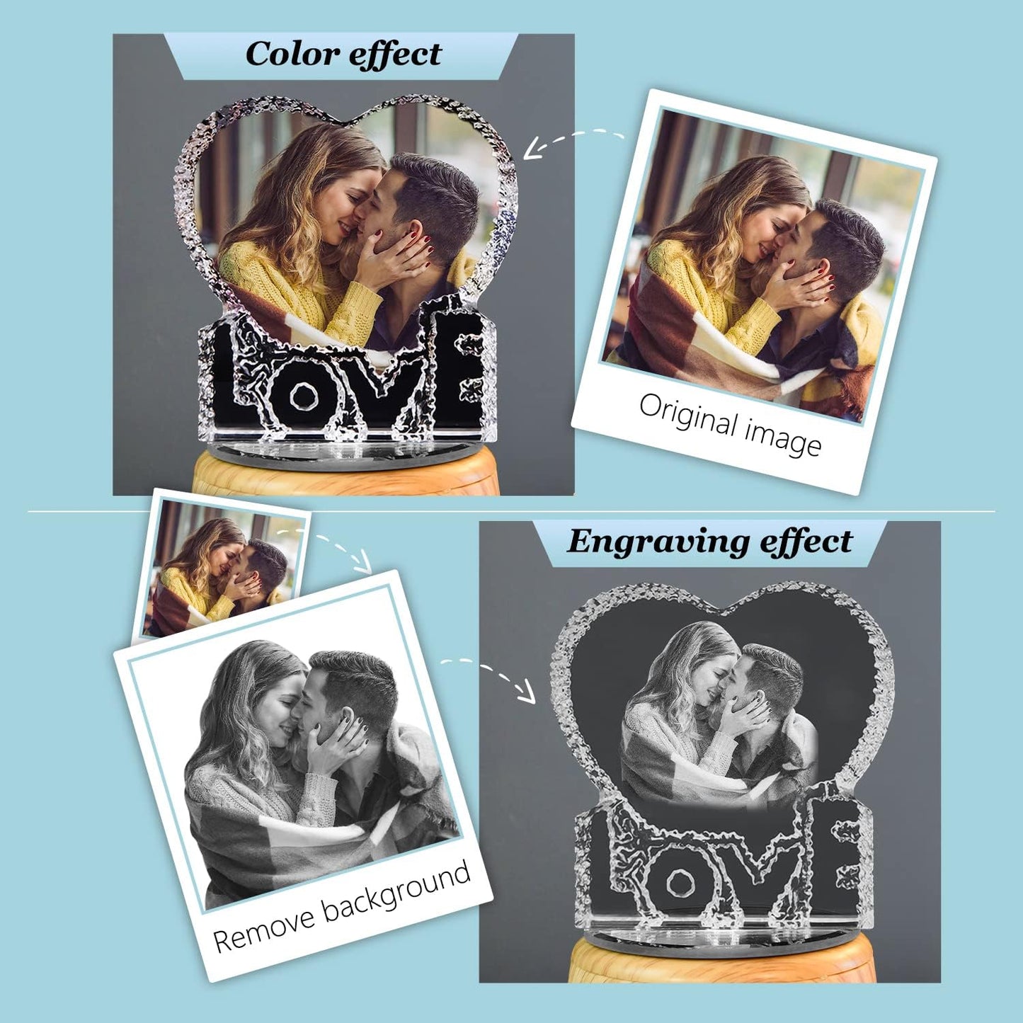 Crystal Print with Your Photo, Heart-Shaped Love Photo Custom Night Light Personalized Lamp with Bluetooth Rose Audio, Crystal Photo Frame Best Gift for Couple Love Women Men Wedding Christmas