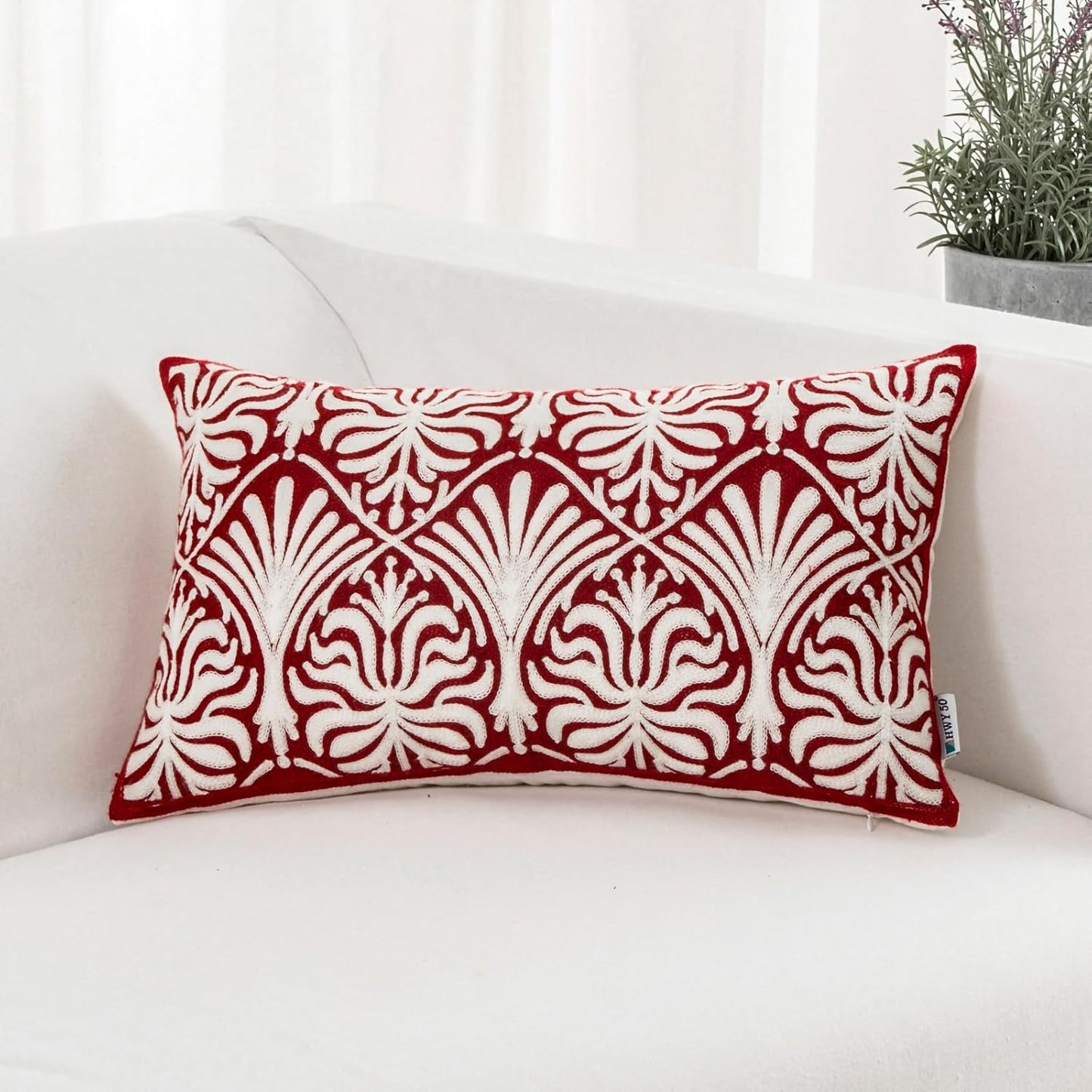 HWY 50 Burgundy Red Decorative Lumbar Pillow Cover Rectangle 12x20 Inch (1 Piece), Embroidered Cotton Farmhouse Cushion Cover Pillow Case for Sofa Couch Living Room Bed, Minimalist Floral