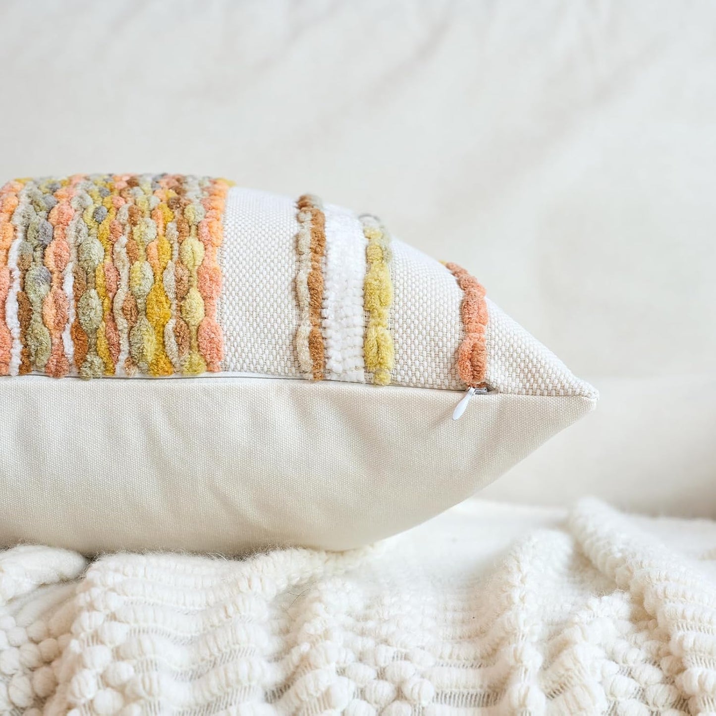 Aeckself Boho Pillow Covers 18x18 Inch Set of 2, Farmhouse Decorative Striped Square Chenille Tufted Accent Neutral Throw Pillow Covers for Living Room Couch Bed, Light Yellow