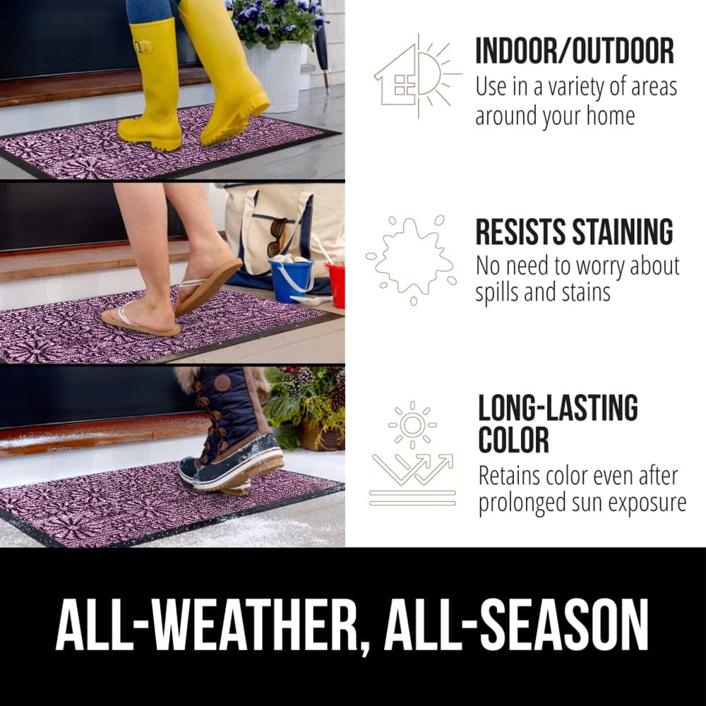 GORILLA GRIP 100% Waterproof All-Season WeatherMax Doormat, 23x35, Durable Natural Rubber, Stain and Fade Resistant, Low Profile, Indoor Outdoor Doormats, Easy Clean Entry Mat, Purple Confetti Daisy