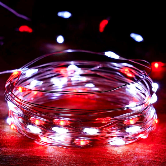 4-Pack Red and White Fairy Lights Battery Operated with Timer, Waterproof 16FT 50 LED String Lights Outdoor Indoor, Christmas Lights for Bedroom Home Wedding Birthday Xmas Parties and Centerpieces