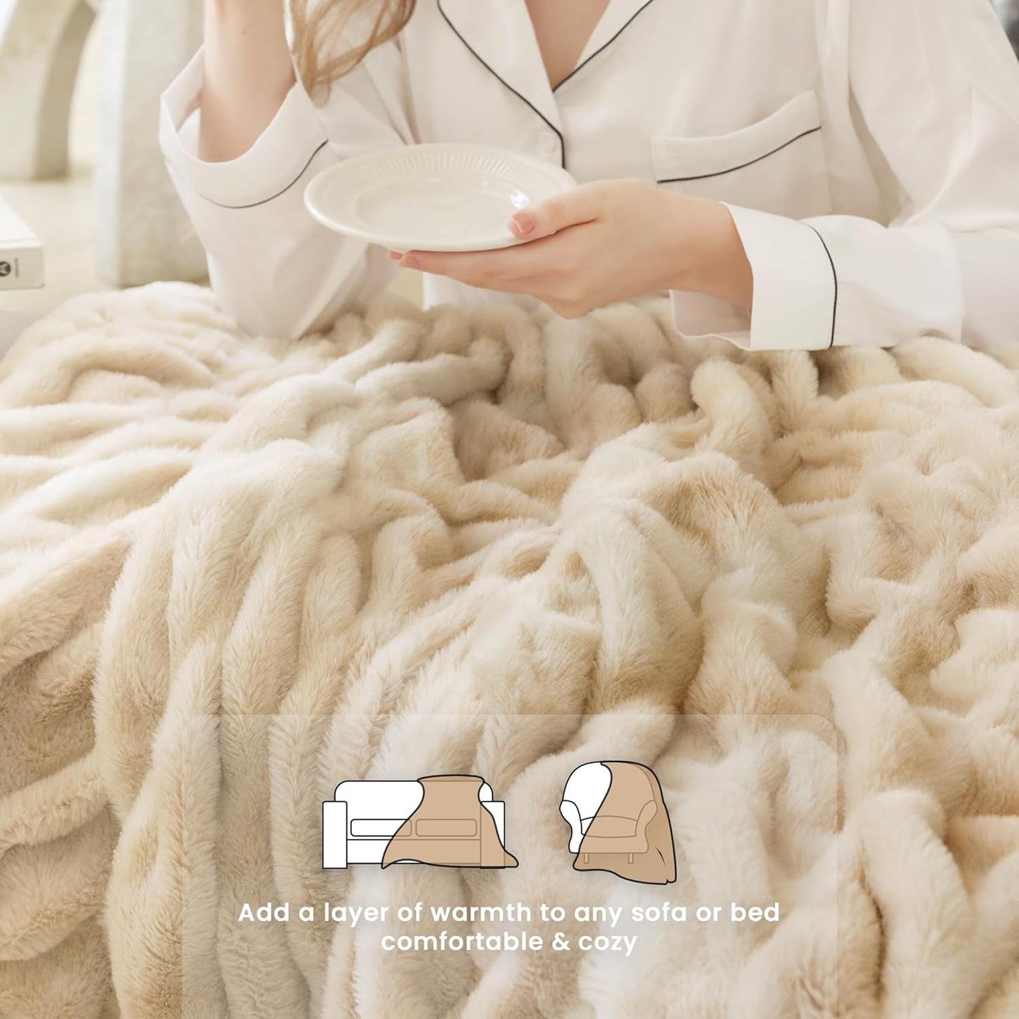 Faux Fur Blanket, Throw Blanket for Couch, Fluffy Blanket with Stretch Ruched Design, Ultra Soft Giftable Home Decor, 50x60 inches, Tie-Dyed in Khaki