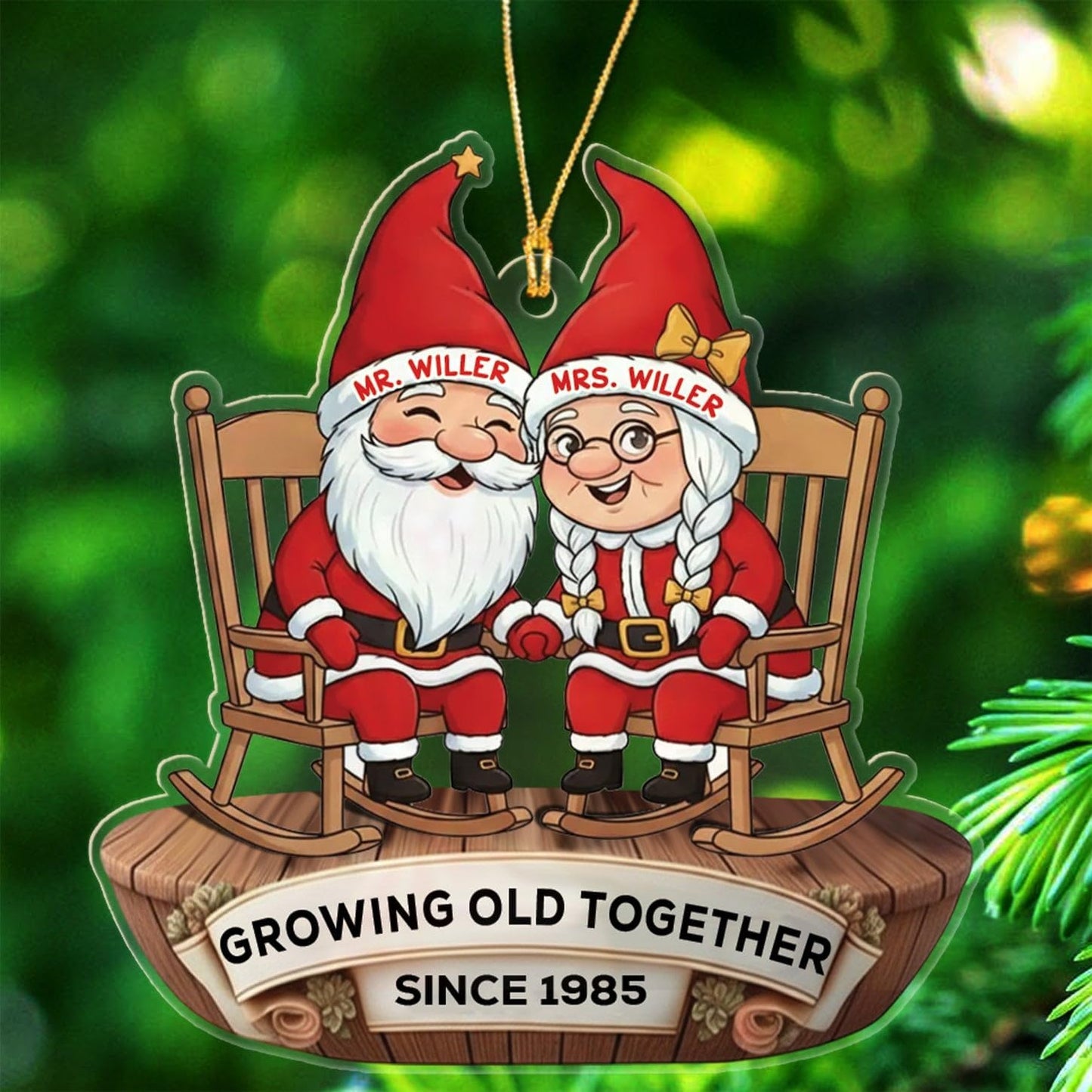 Customized Old Couple Gnome Sitting On Rocking Chairs Growing Old Together Christmas Ornament 2025, Personalized Text Shaped Xmas Ornament Gift for Mr Mrs Dad Mom/Grandparents, Anniversary Ornaments