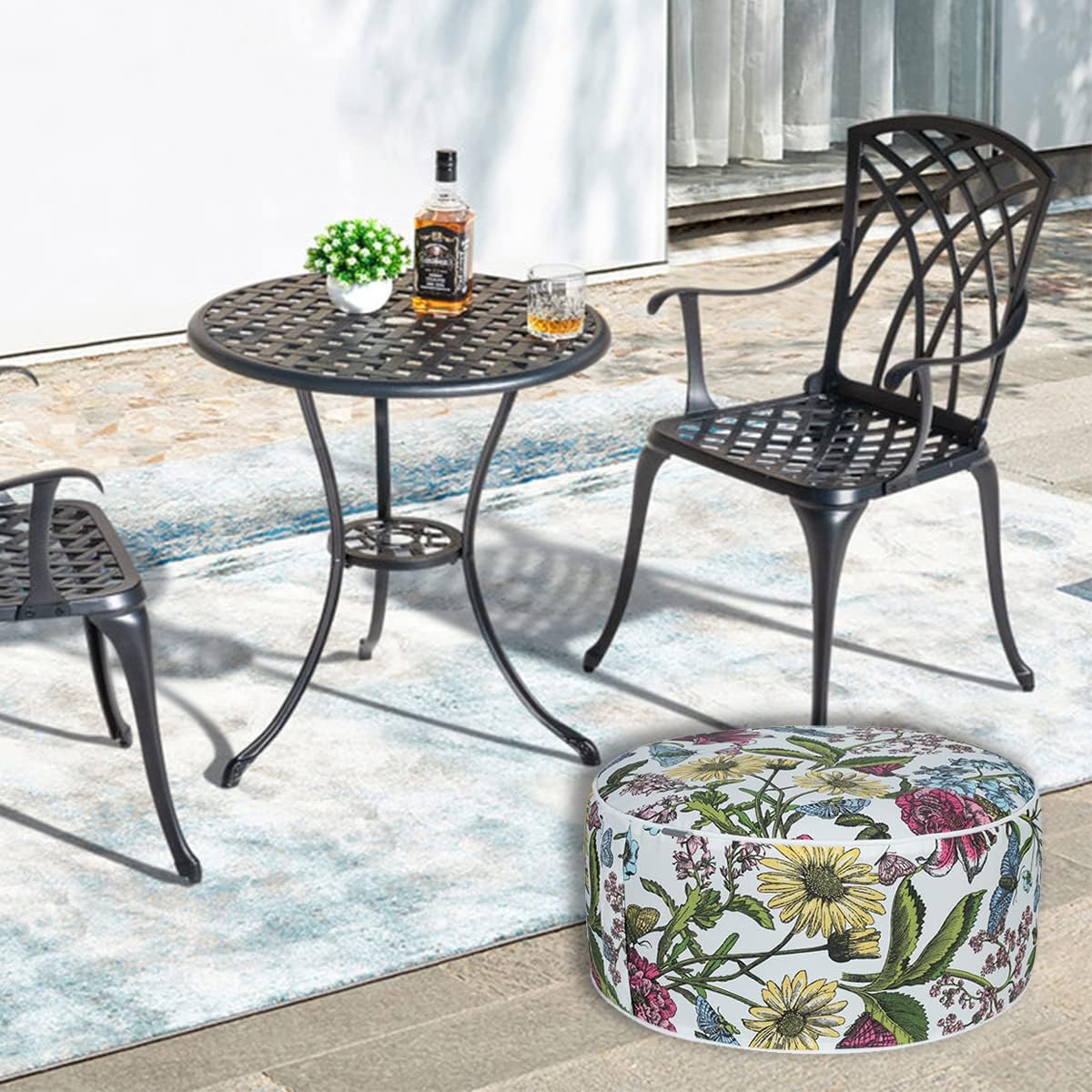 FUNHOME Inflatable Outdoor Ottoman with Air Pump,20"x9" Portable Patio Pouf,Water Resistant,Fade-Resistant,Round Blow Up Footrest Stools for Home Garden Camping Travel(Butterfly Flower)