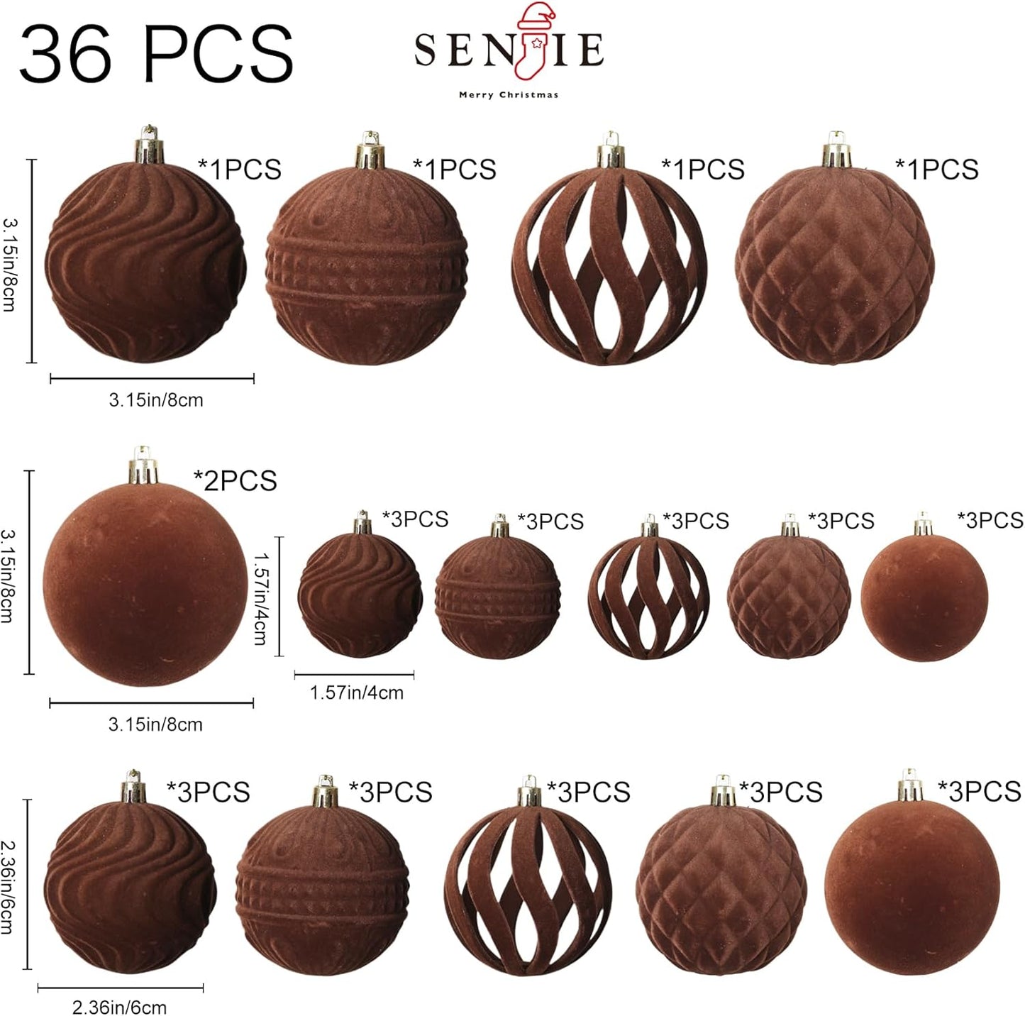 36pcs Velvet Ornaments for Christmas Trees, Flocked Christmas Balls Sets Assortment for Xmas Tree Holiday Decor