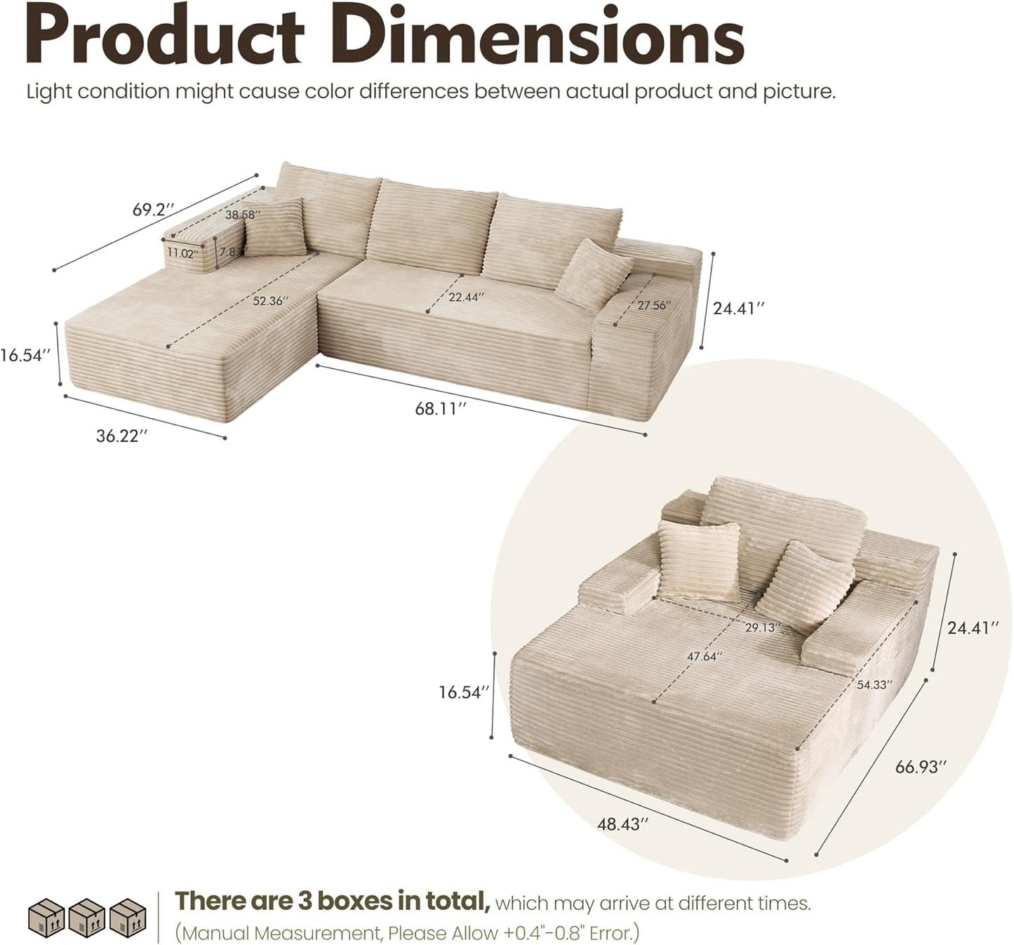 HOOOWOOO Cloud Sectional Couches for Living Room,Modular Sectional Sofa No Assembly,Plush Corduroy Large Floor Couch Furniture Set with Deep Seat Right L Shape and Chaise Lounge(Beige)