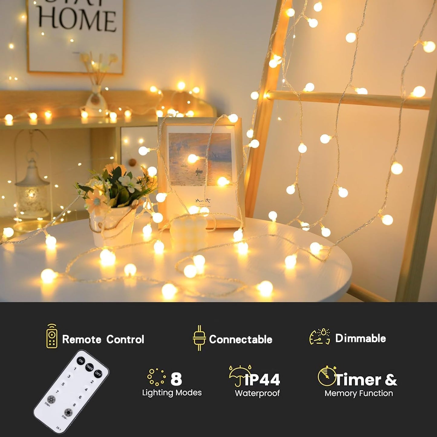Globe String Lights Plug in 116 Ft. 200 LED 8 Modes with Remote,Waterproof Fairy String Lights for Indoor Outdoor Bedroom Party Wedding Garden Christmas Tree Decor,Warm White