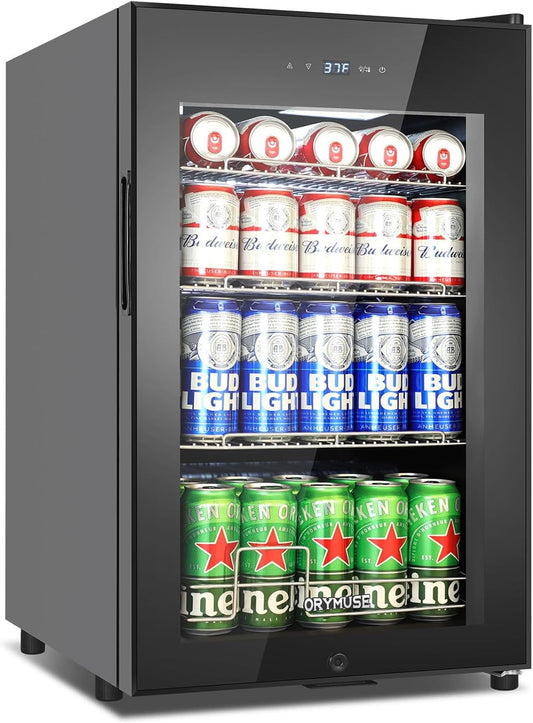 101 Cans Compressor Beverage Refrigerator, 17 Inch Drink Fridge with Glass Door, Adjustable Removable Shelves, Quiet Operation, Temp Memory, Beer Cooler for Soda, Beer, Water, Home Bar, Office