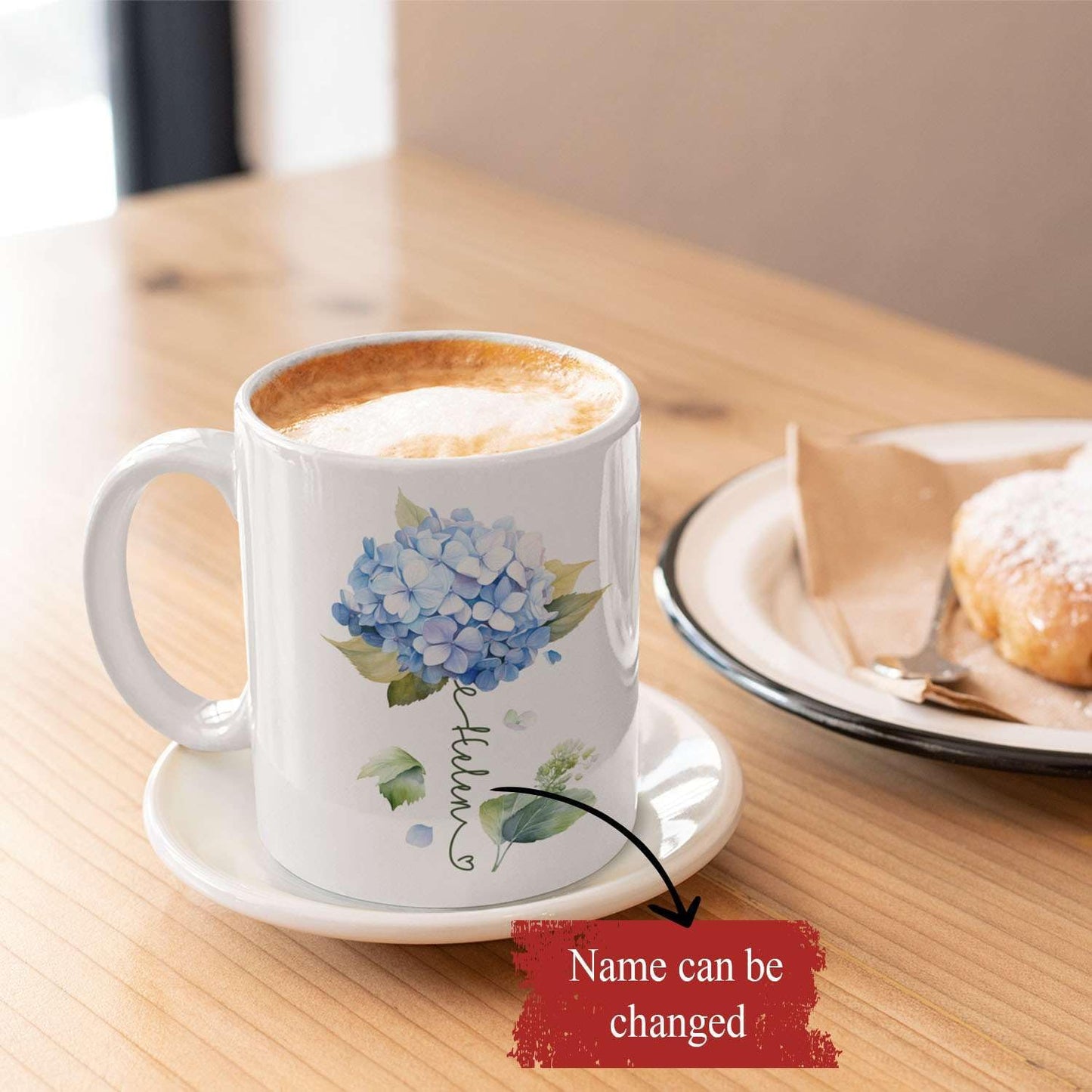 Custom Hydrangea Blossom Design Mug, Personalized Name Blue Flower Coffee Cup, Customized Flower Ceramic Mug For Floral Lover, Hydrangea Decorative Cup 11oz Or 15oz, Gift For Birthday