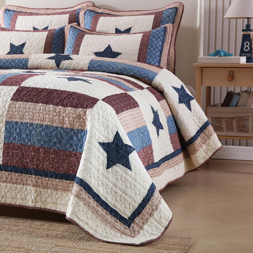 Cotton Bedding Quilt Sets 3 Pieces Reversible Coverlet Sets All Season Boys Real Patchwork Bedspread,Star Pattern,Queen Size