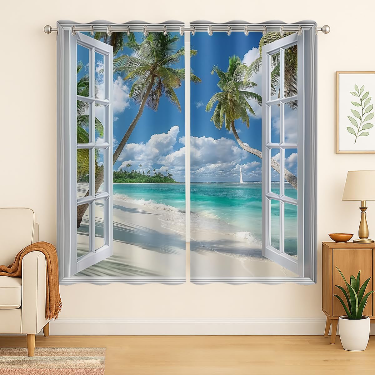 Beach Blackout Curtains for Girls Boys Teens Home Decor, Tropical Summer Scene Ocean Island Palm Tree Grommet Thermal Insulated Drapes Darkening Window Curtain for Bedroom Living Room, 63 x 63 Inch