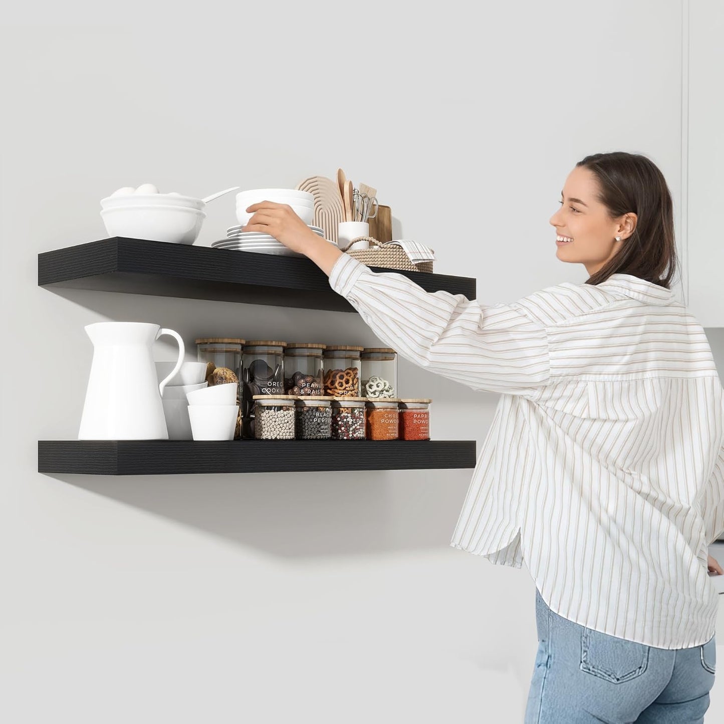 Heimlove 55 Inch Floating Shelves for Wall,10 Deep Large Black Wall Shelf with Heavy Duty Brackets,Mounted Storage & Display Shelves for Bedroom,Living Room,Kitchen,Office,Set of 2