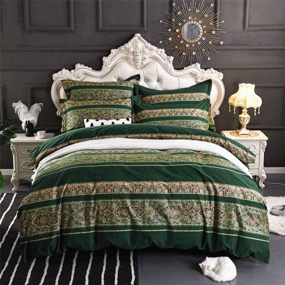 ABREEZE Bohemian Vintage Cal.King Size Floral Cotton Bedding Set 3Pcs Duvet Cover Set Boho Green Paisley 100% Egyptian Brushed Cotton Reversible Home Bedding Collection