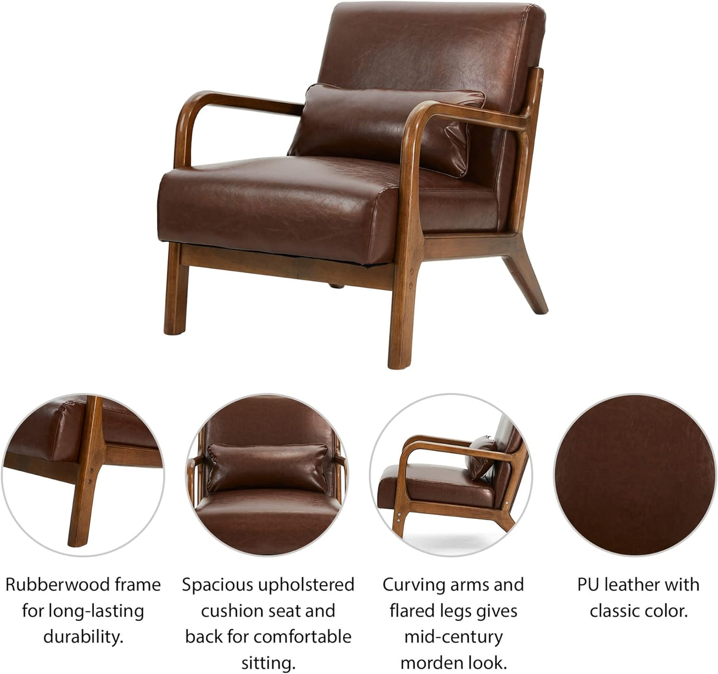 Glitzhome 2 Set Mid Century Coffee Accent Armchair, Single Reading Armchair PU Leather Lounge Chair with Walnut Ruberwood Frame
