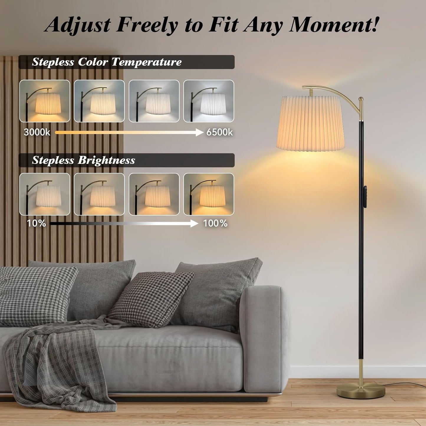 Floor Lamp, LED Floor Lamp with APP & Remote & Touch Control, Stepless Color Temperatures and Brightness, Tall Standing Lamp with Pleated Lampshade for Living Room, Bedroom, Office(Black Gold)