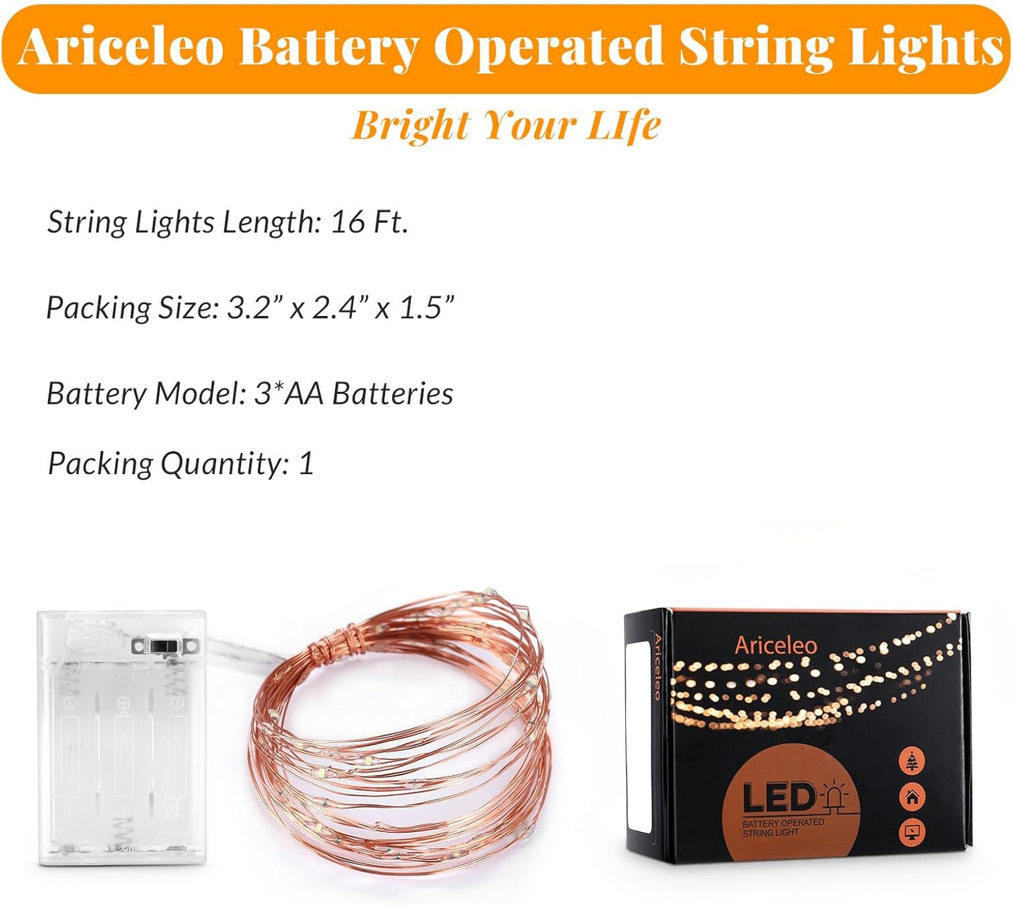 Led Fairy Lights Battery Operated, 1 Pack Mini Battery Powered Copper Wire Starry Fairy Lights for Bedroom, Christmas, Parties, Wedding, Centerpiece, Decoration (5m/16ft Cool White)