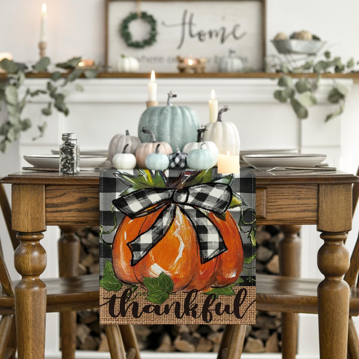 Artoid Mode Buffalo Plaid Bowknot Pumpkin Thankful Fall Table Runner, Autumn Thanksgiving Kitchen Dining Table Decoration for Home Party Decor 13x90 Inch