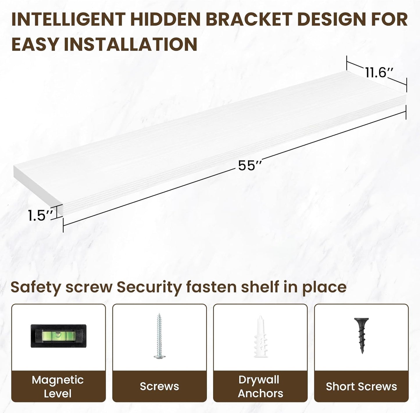 55 Inch Floating Shelves, 12 Inch Deep Floating Shelves for Wall, Floating Shelf with Invisible Brackets, 55 Inch Wide x 12 Inch Deep Wall Shelves for Bathroom, Bedroom, Living Room,1 Pack,White