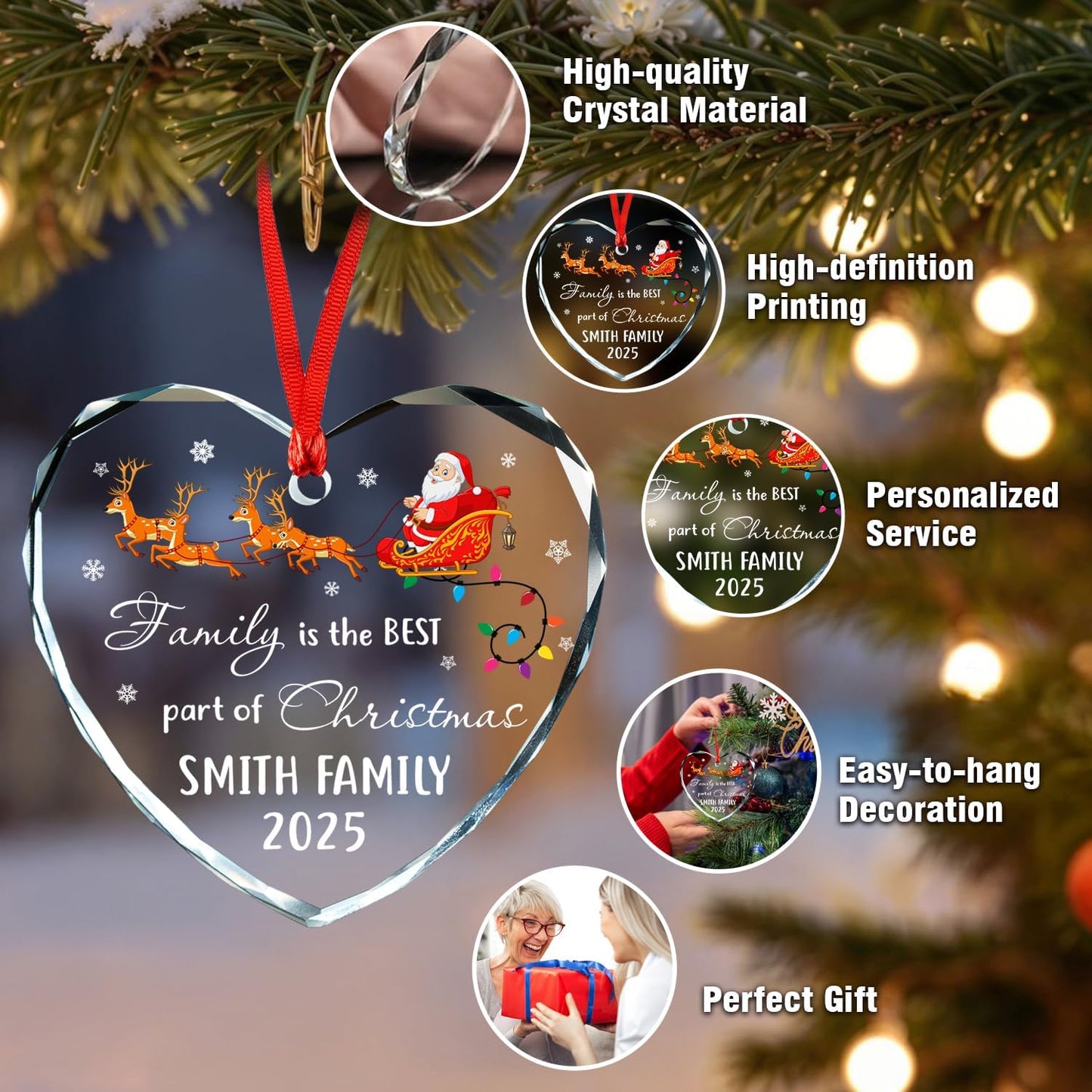 Personalized Crystal Christmas Ornaments, Custom Family Glass Ornament 2025, with Custom Name, Date - Perfect Keepsake Gift for Family, Dad, Mom, Him, Her, Couple