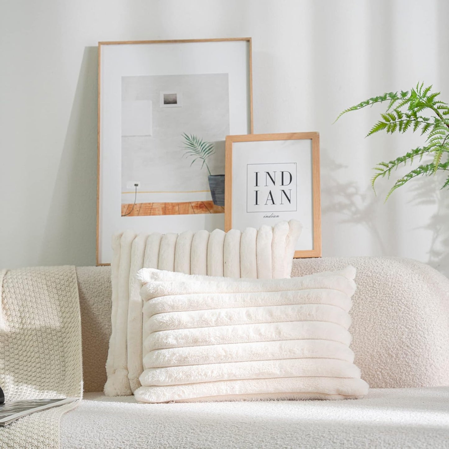 DEELAND Pack of 2,Double-Sided Faux Fur Plush Decorative Throw Pillow Covers Fuzzy Striped Soft Pillowcase Cushion Covers for Sofa Couch Bedroom Home, Cream White