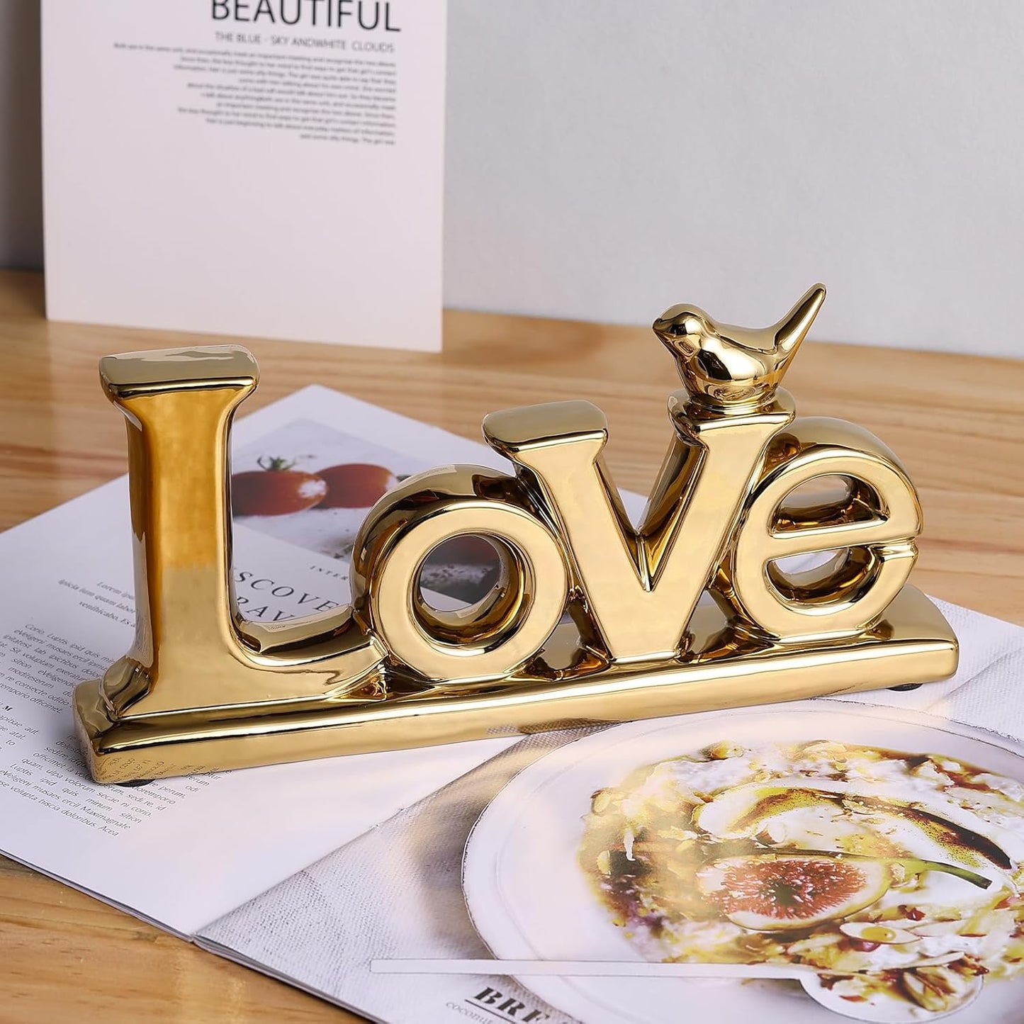 Gold Love Sign Statue - Personalized Home Decor, Bird Sculpture for Living Room, Bedroom, Desktop & Cabinets
