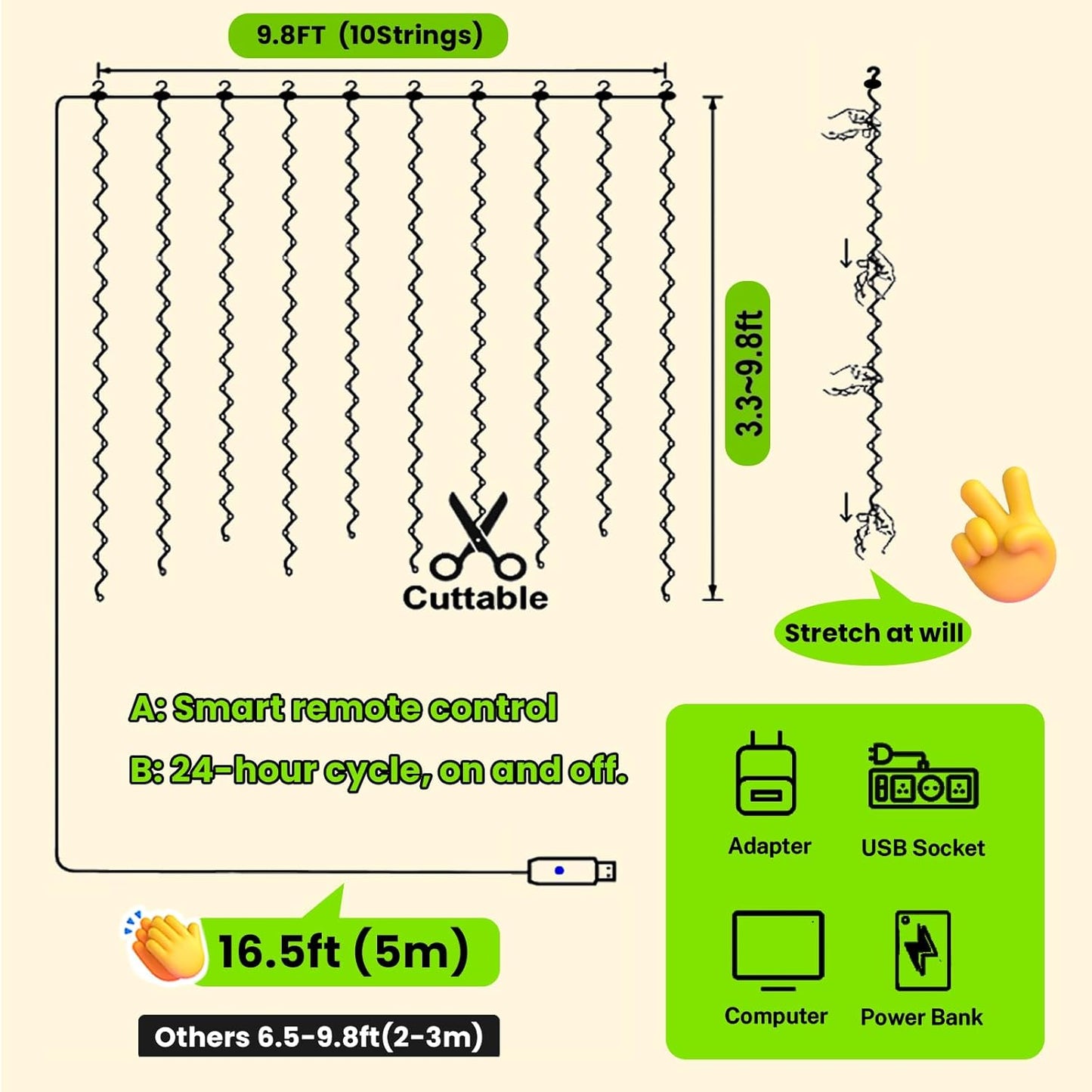 HXWEIYE 300LED Green Fairy Curtain Hanging Lights with Remote 8 Modes Timer for Bedroom, 9.8x9.8Ft USB Plug in Christmas Fairy String Lights for Outdoor, Weddings, Party, Garden, Wall, Decorations