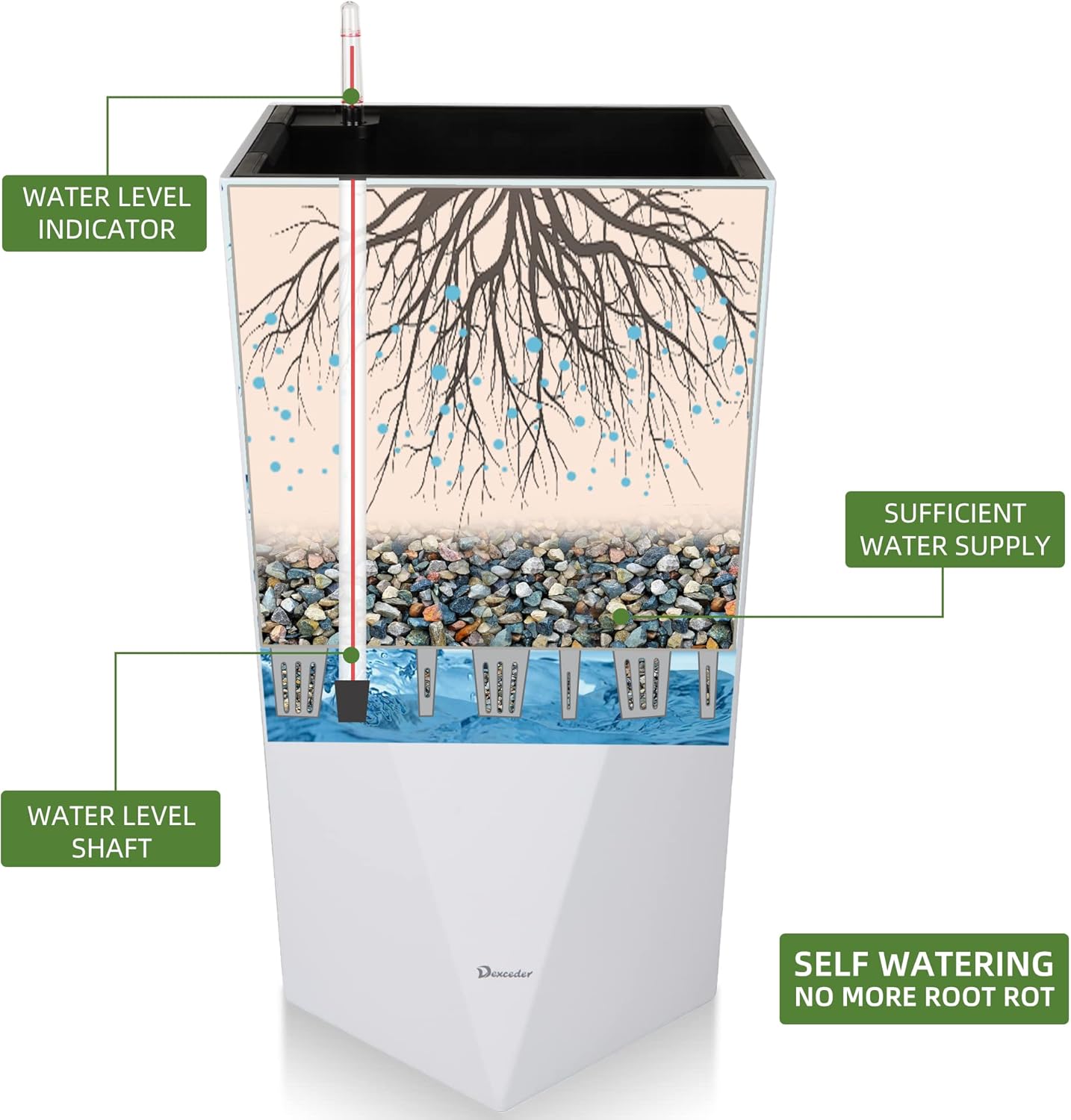 Dexceder 20 Inches Tall Self Watering Planter Diamond High Gloss Indoor Outdoor, Thickened Rhombus Large Floor Standing Flower Plant Pot with Water Level Indicator (White)