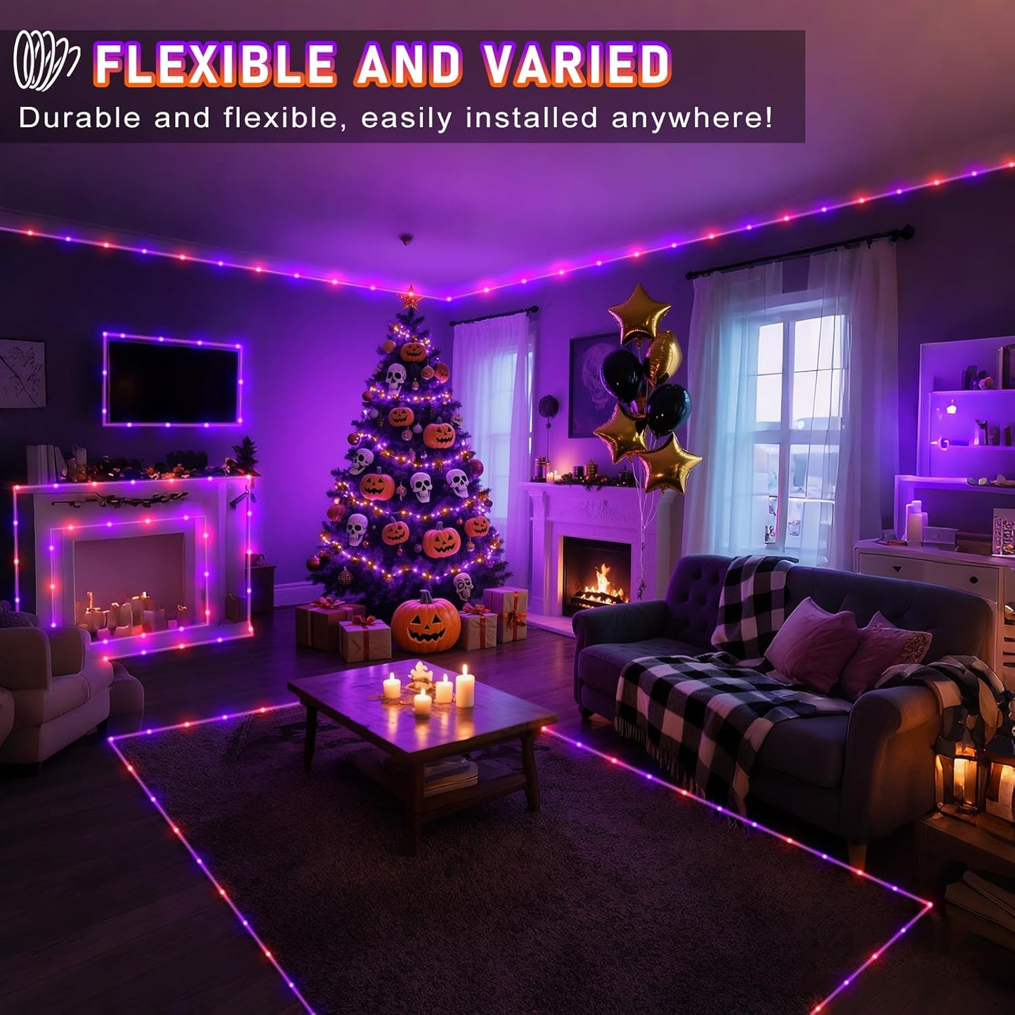 Purple Orange Halloween Lights, 100FT 300 LED Rope Lights for Outside Waterproof with 8 Modes, Connectable String Lights for Indoor Patio, Trampoline, Garden, Pool, Tree, Holiday Decorations