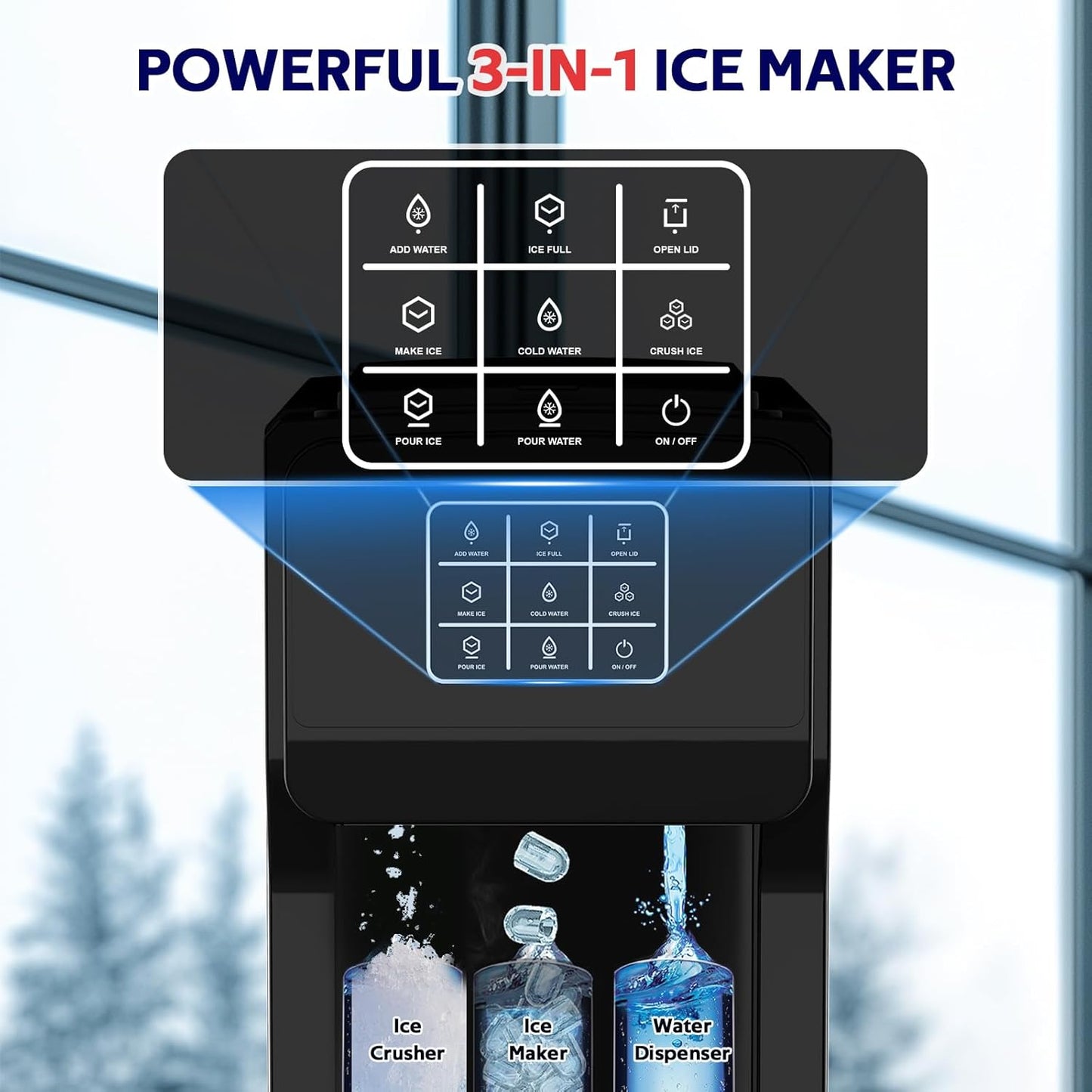 3 in 1 Water Dispenser with Ice Maker, Ice Maker Countertop, Bullet Ice, Crushed Ice, Water Cooler, 44Lbs/24H, 12 Ice/6Min, Self-Cleaning, 4Lbs Ice Storage, Home/Kitchen/Party/RV (Touchscreen)