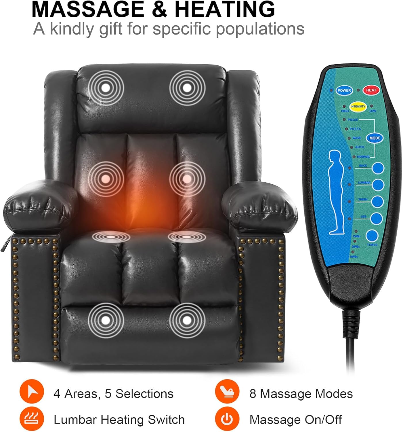 Electric Power Lift Recliner Chair for Elderly with Heat & Massage, Breathable Leather Large Reclining Chairs w/2 Concealed Cup Holders for Seniors Home Living Room,Set of 2,Grey