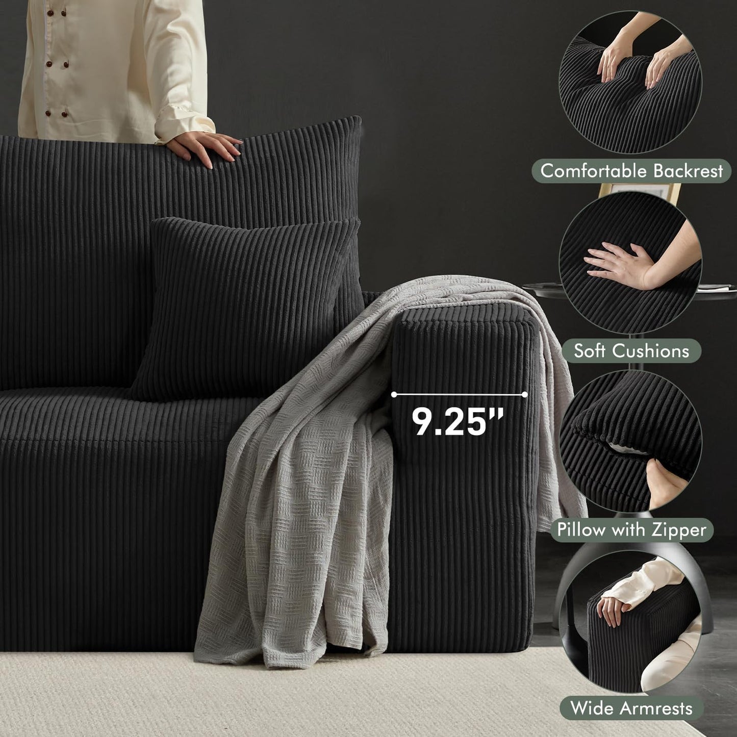 Boneless Sectional Cloud Couch Sofa for Living Room, 112" L-Shaped Modular Modern Lounge Sleeper Black Couches with Chaise, No Assemble, Cordury Compression Upholstered Sofas