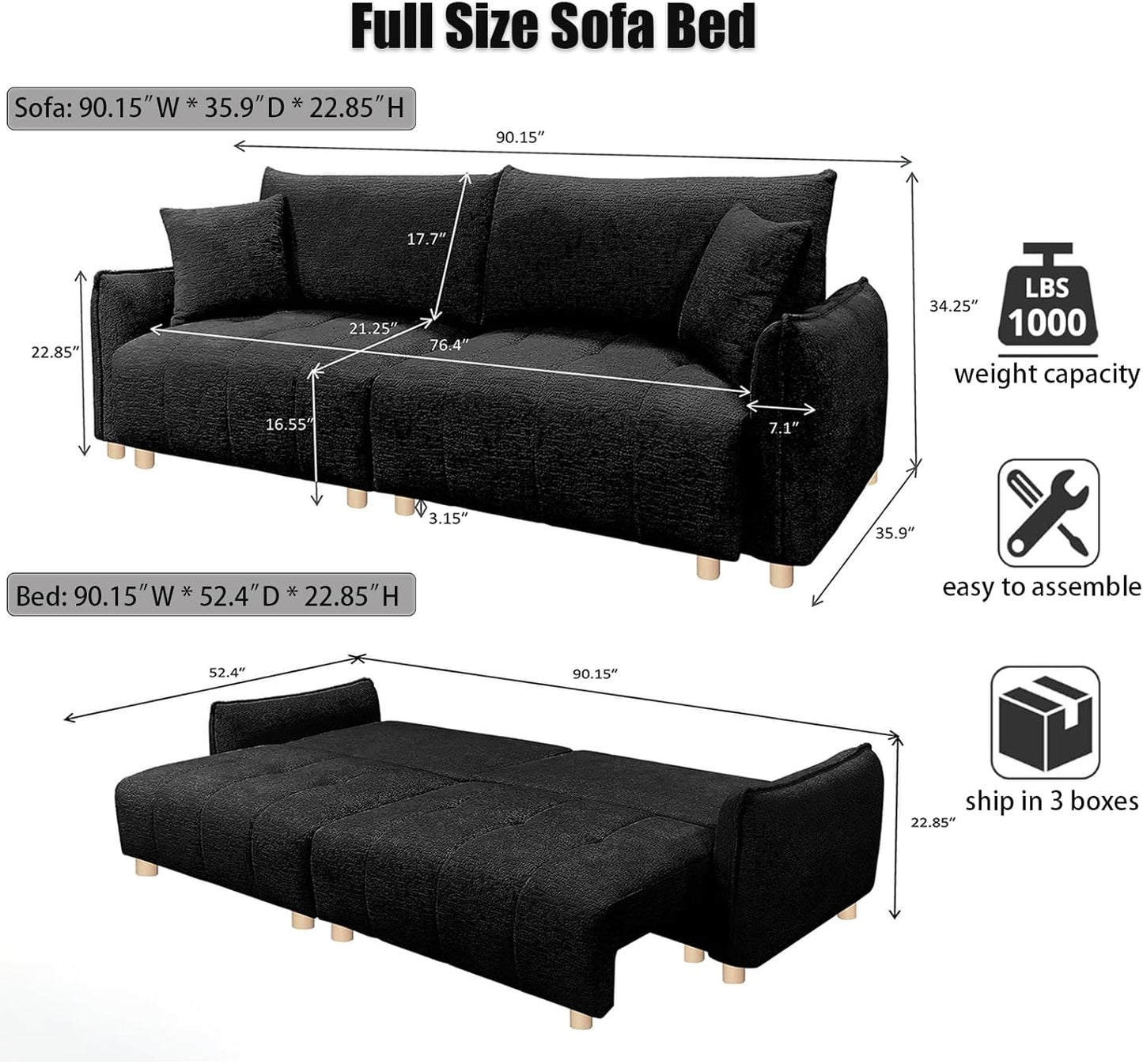 Convertible Sofa Bed, 90" Full Size Sleeper Sofa with Storage, Tufted Chenille 3 Seat Sofa Couches for Living Room, Small Spaces, Guest Room, Apartment, Black