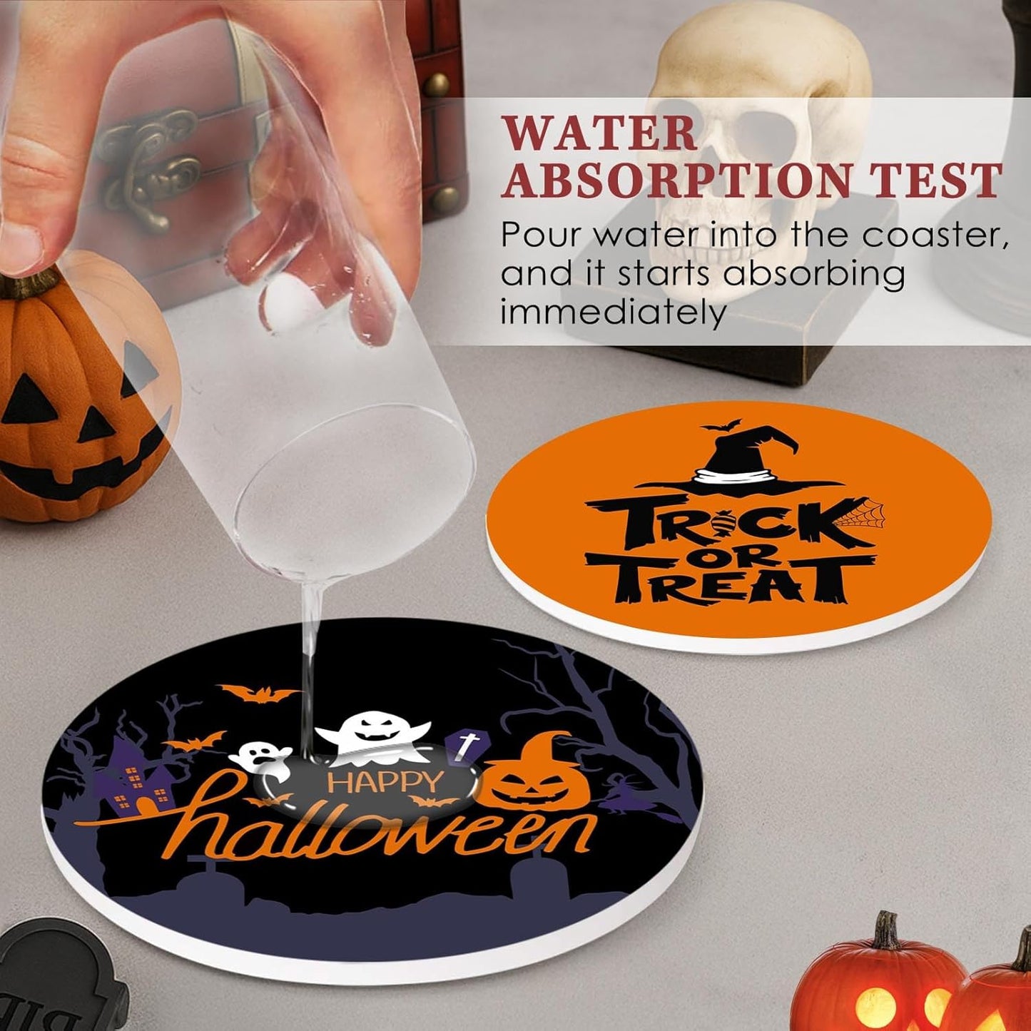 Coaster for Drinks Set of 6, Happy Halloween Orange and Black Trick or Treat Absorbent Round Ceramic Stone Mat, with Cork Base and Metal Holder, Gift for Housewarming Room Bar Decor