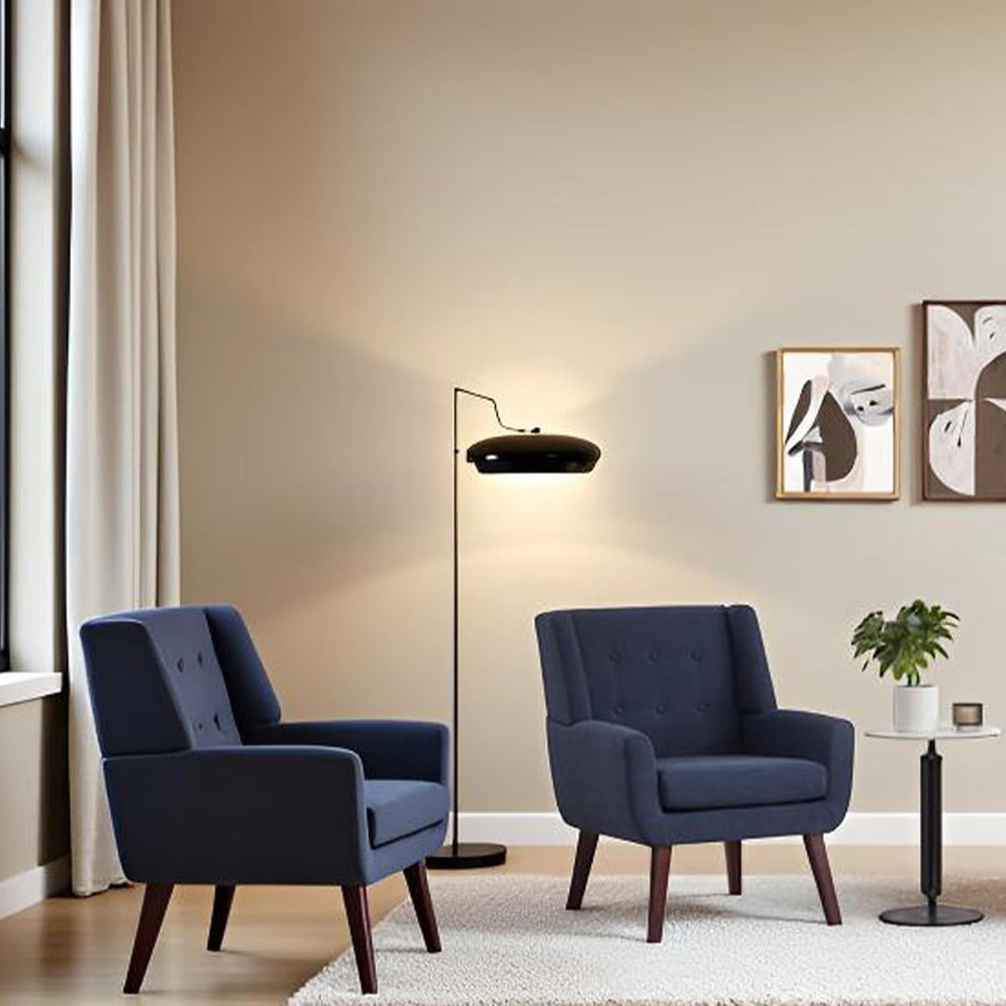 HUIMO Button-Tufted Accent Chairs Set of 2,Upholstered Reading Living Room Chair,Mid Century Modern Chair with Linen Fabric, Club Chair,Comfy Arm Chairs for Living Room,Bedroom,Dark Blue