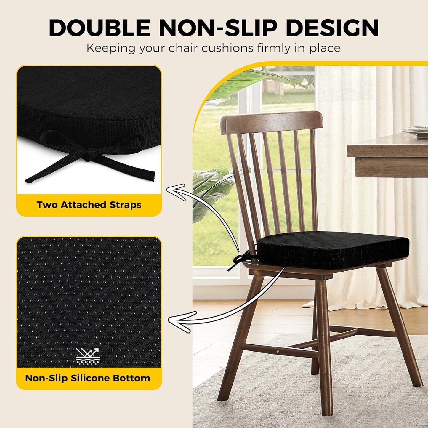 downluxe Indoor Chair Cushions for Dining Chairs, Soft and Comfortable Textured Foam Kitchen Chair Pads with Ties and Non-Slip Backing, 16" x 16" x 2", Black, 4 Pack