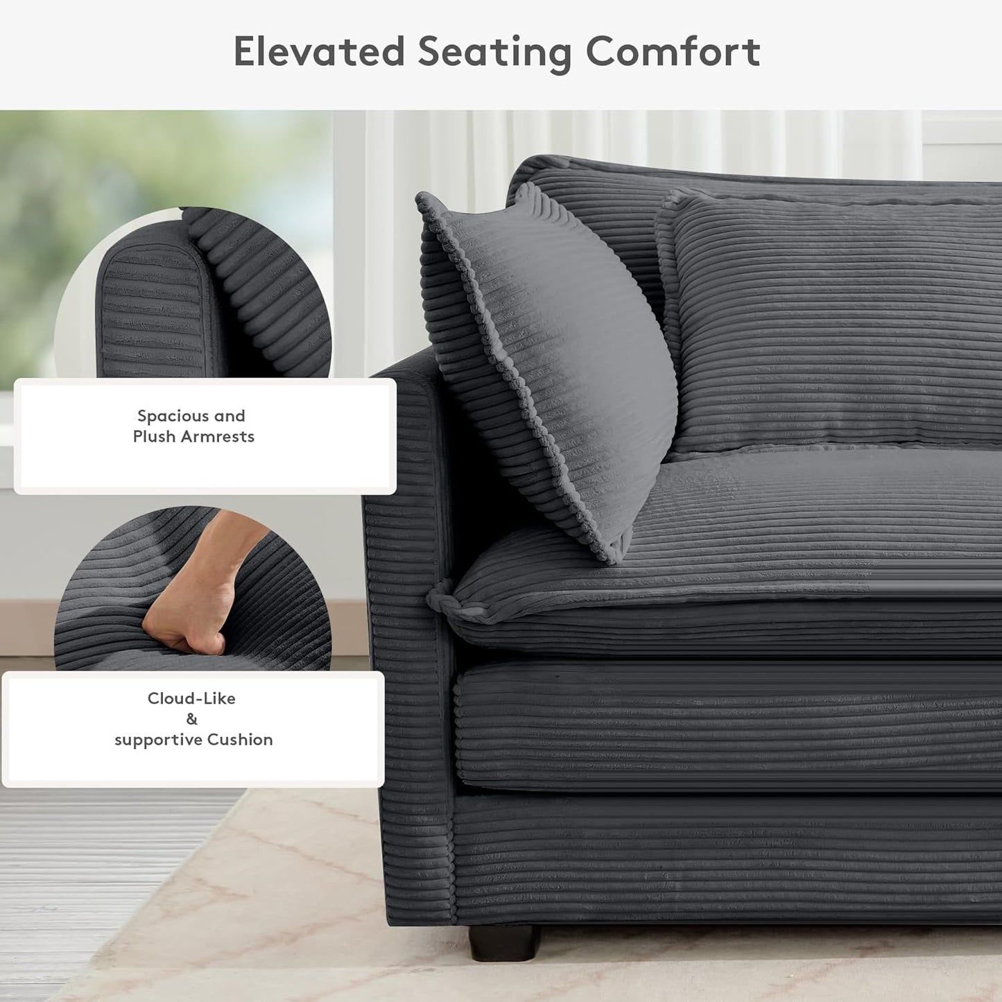 ROWHY 113'' Modular Sectional Cloud Couch, 5 Seater Corner Sofa Big Comfy Corduroy Oversized L Shaped Couch with 2 Pillows, Ottoman, Deep Seat Sectional Couches for Living Room Office, Dark Grey