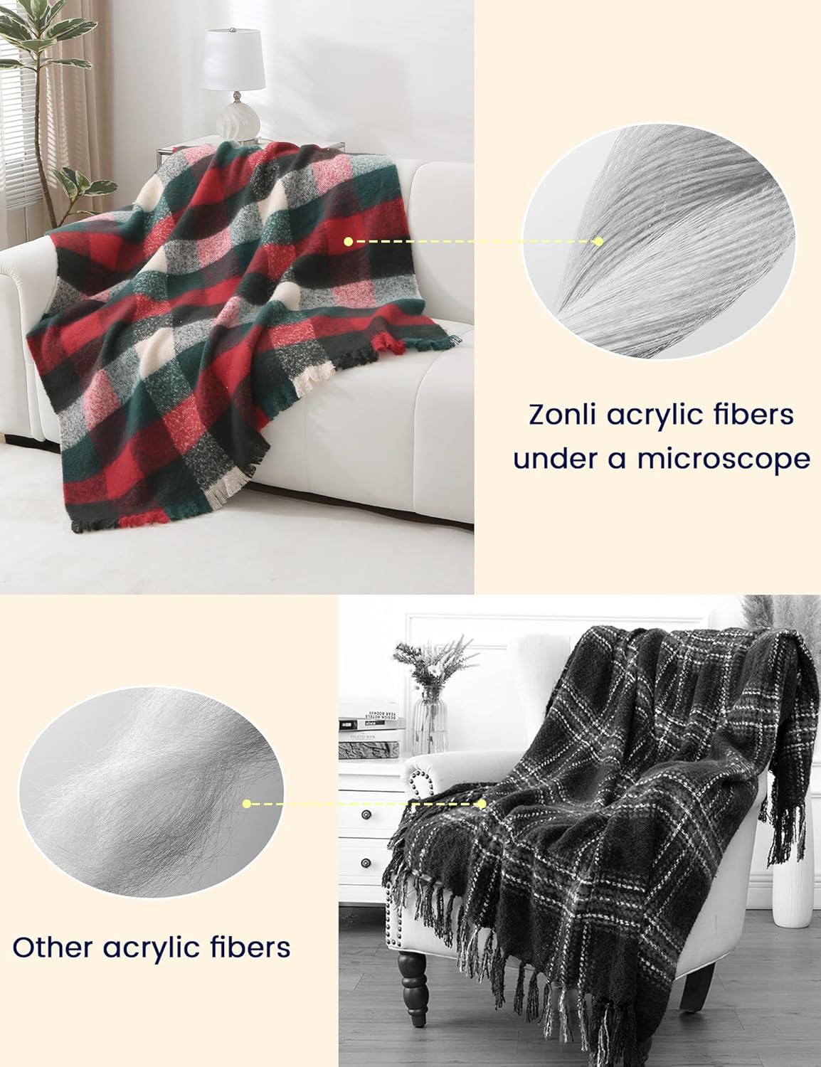ZonLi Christmas Plaid Throw Blanket, 50" x 60" Decorative Blankets, Decorative Vintage Blanket with Tassel for Couch, Bed, Sofa, Chair, Outdoor, Cozy Warm Lightweight Farmhouse Blankets