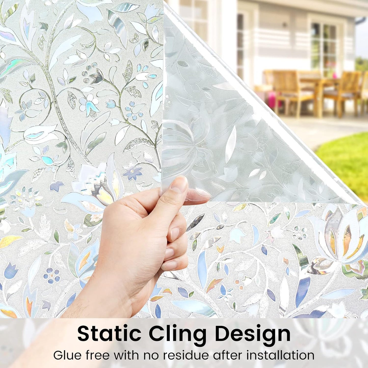 DOWELL Window Privacy Film, 3D Stained Glass Rainbow Films, Decorative Window Vinyl Sun Blocker Door Covering, Static Cling Non-Adhesive Glass Sticker for Home, Blooming Flowers, 17.5"x118.1"