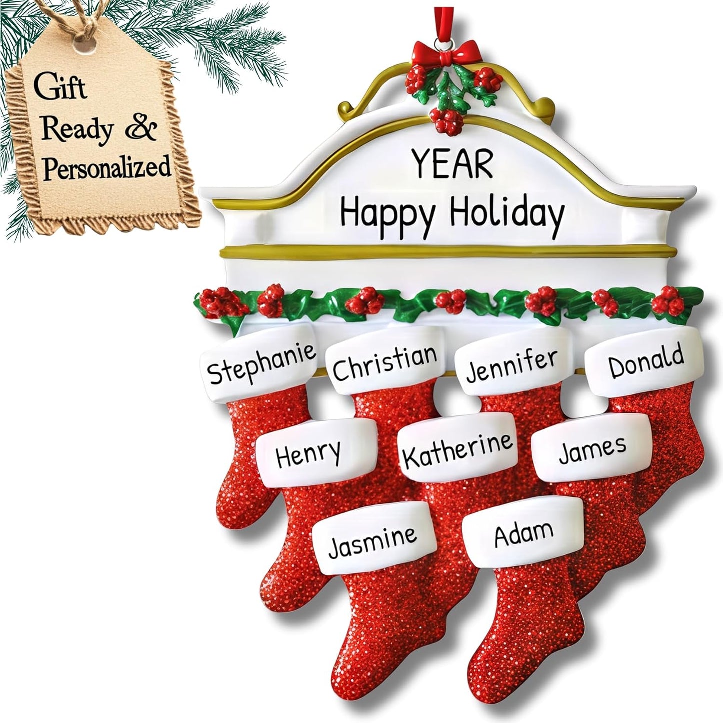 3D Fireplace Mantle Family of 9 Christmas Ornament 2025 Personalized Family Christmas Ornaments 2025 | Holiday Garland Personalized Tree Ornaments Customizable Gifts of Red Stockings of Nine Ornament