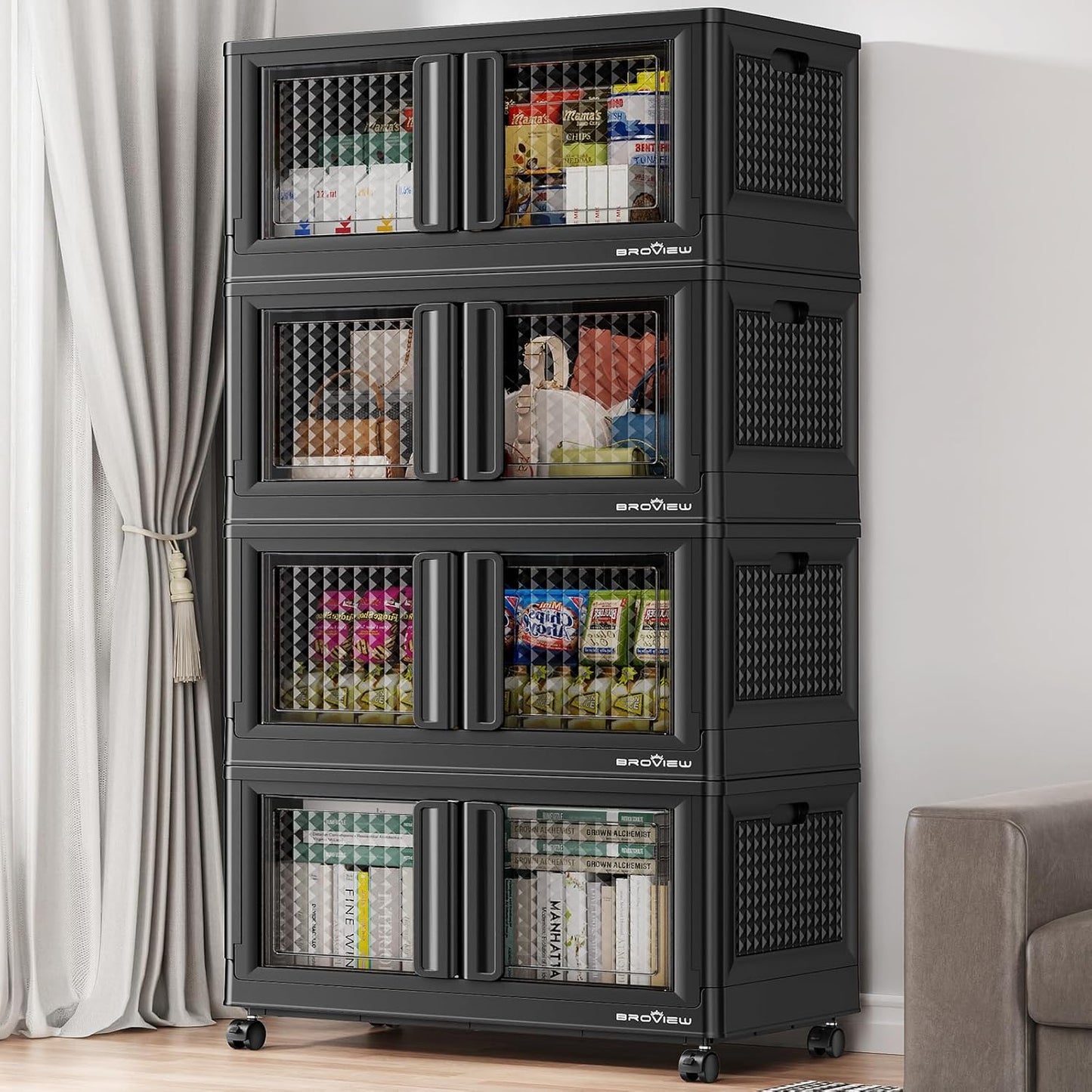 400Qt Stackable Storage Bins with Lids, 100Gal Closet Organizers and Storage Drawer, Plastic Collapsible Storage Bins with Doors, Heavy Duty Store Box Cabinet for Home Kitchen, 4Pack Black