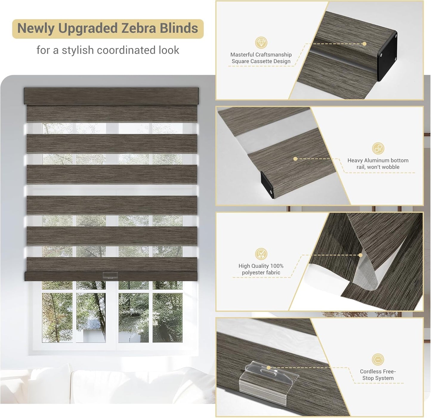 Cordless Zebra Blinds for Windows, Blackout Interior Blinds,Easy to Install,UV Protection,for Offices and Home,Custom Roller Shades, Mousse Dark Bown,80" W x 48" H