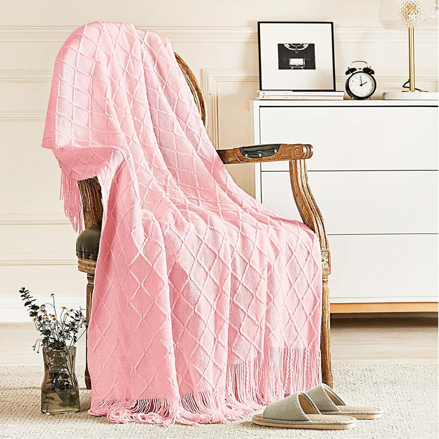 inhand Knitted Gift Throw Blankets for Couch and Bed,Valentines Day Decor Blanket for Her Him Girlfriend Wife, Pink Romatic Lightweight Decorative with Tassel, Farmhouse Warm Woven for Women, 50"x60"