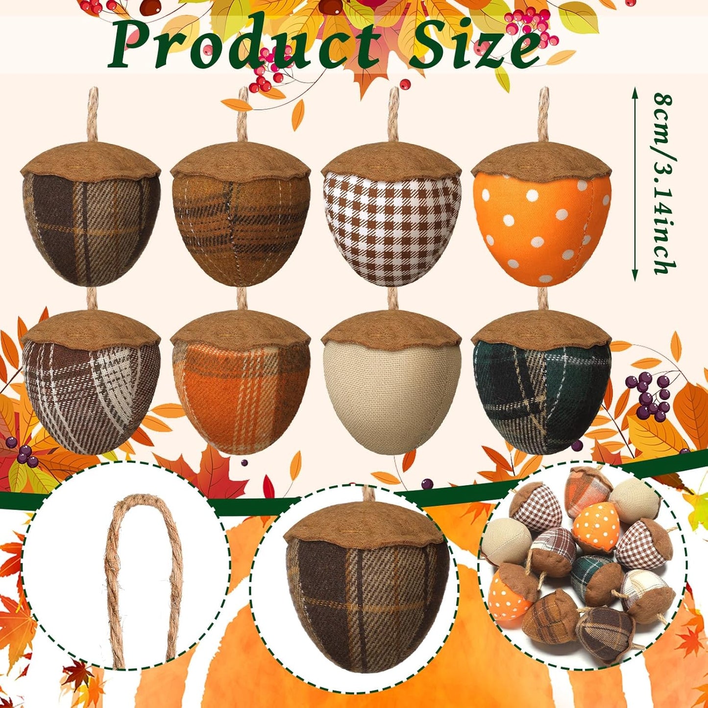 12 Pcs Fall Felt Acorn Ornaments Thanksgiving 3D Fabric Acorn Hanging Ornaments Fall 3.15 Inch Christmas Tree Felt Decorations for Tree Harvest Party Decor