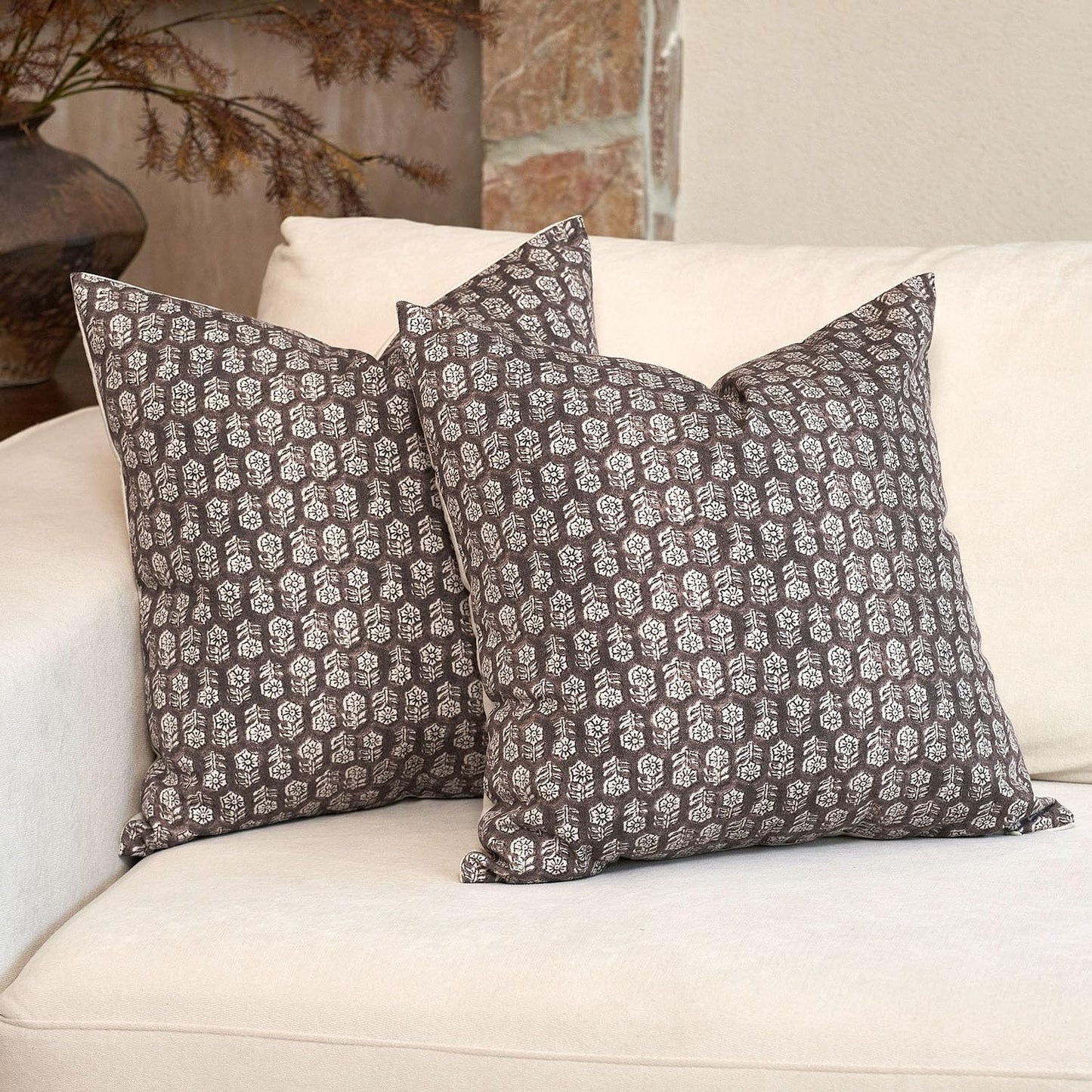 DOMVITUS Floral Pillow Covers Set of 2, Throw Pillow Covers 18x18, Floral Print Neutral Accent Decorative Pillow Covers for Living Room, Bed, Dark Brown