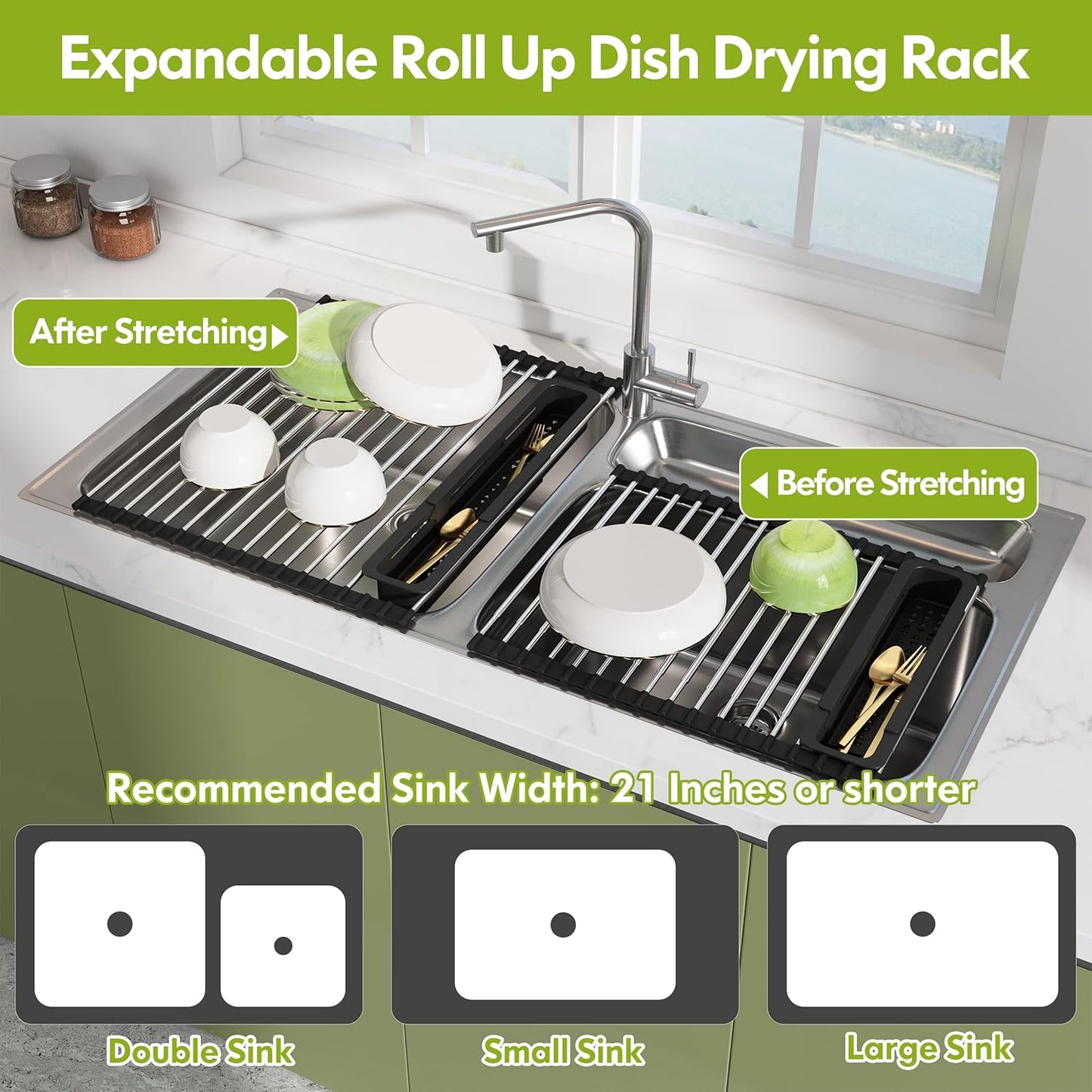 Dish Drying Rack, Roll Up Dryer Rack for Inside Sink, Expandable (12.8"-23.8" D x 15.5" W) 304 Stainless Steel Dish Drainers for Kitchen Counter, Over Sink Cover with Utensil Holder