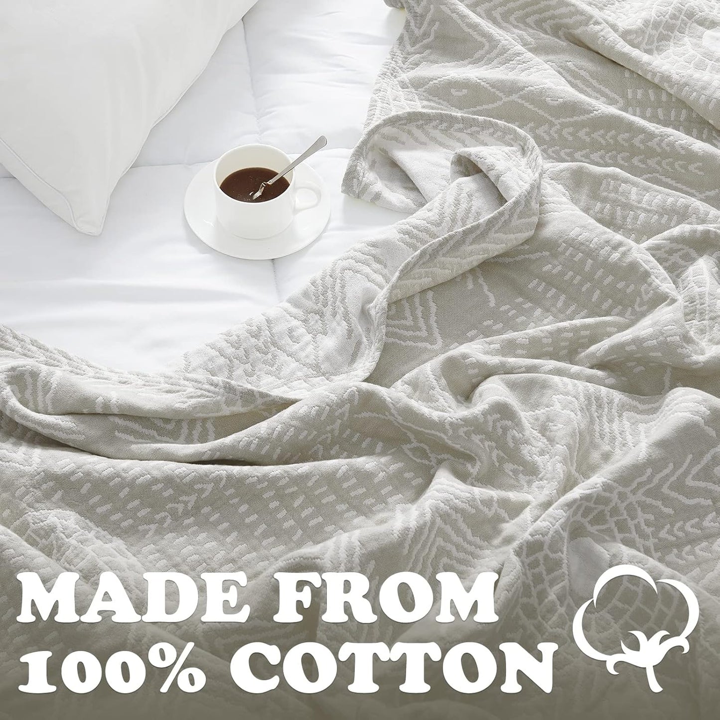 jinchan Boho 100% Cotton Muslin 50x60 Throw Blanket Lightweight 3-Layer Light Grey Blanket Washable Reversible Breathable Decorative Geometric Striped Patterned Soft Cozy for Sofa Bed All Season Gift