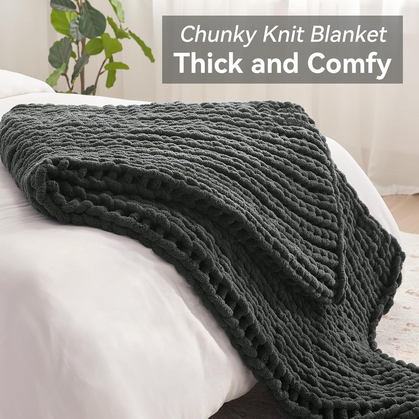 Chunky Knit Throw Blanket, 40''*50'' Knitted Throw Chenille Yarn for Bed Couch, Handmade Dark Grey Crochet Big Thick Blanket, Machine Washable Cute Comfy Blanket for Home Decor