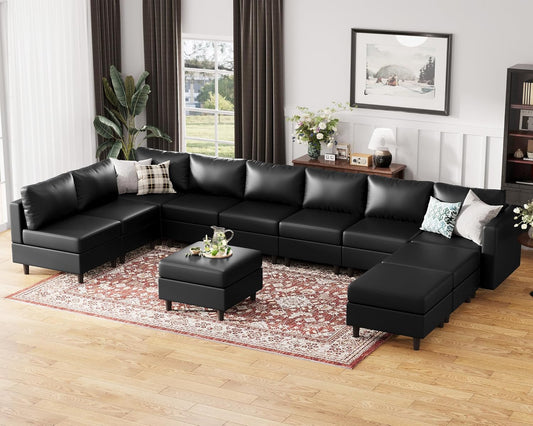 ABCASA Oversized 172.5" Faux Leather Modular Sectional Sofa, Modern Large 11 Seater U Shaped Couch with Storage Seat with Reversible Chaise Deep Seat for Living Room DIY Combination - Black