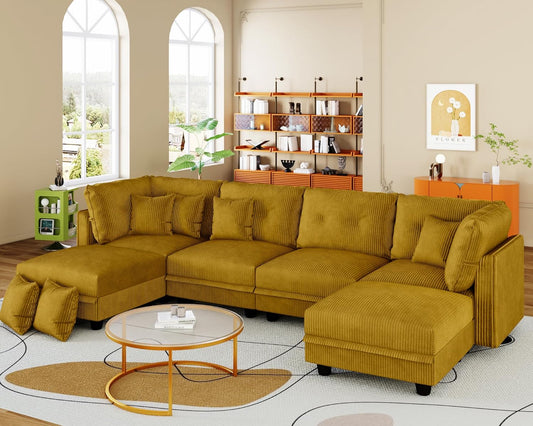 LLappuil Modular Sectional Sofa with Storage Seats, Corduroy Convertible Modular U Shaped Sectional Couch for Living Room, 6 Seat Oversized Sofa with 6 Back Cushion 6 Throw Pillow, Yellow