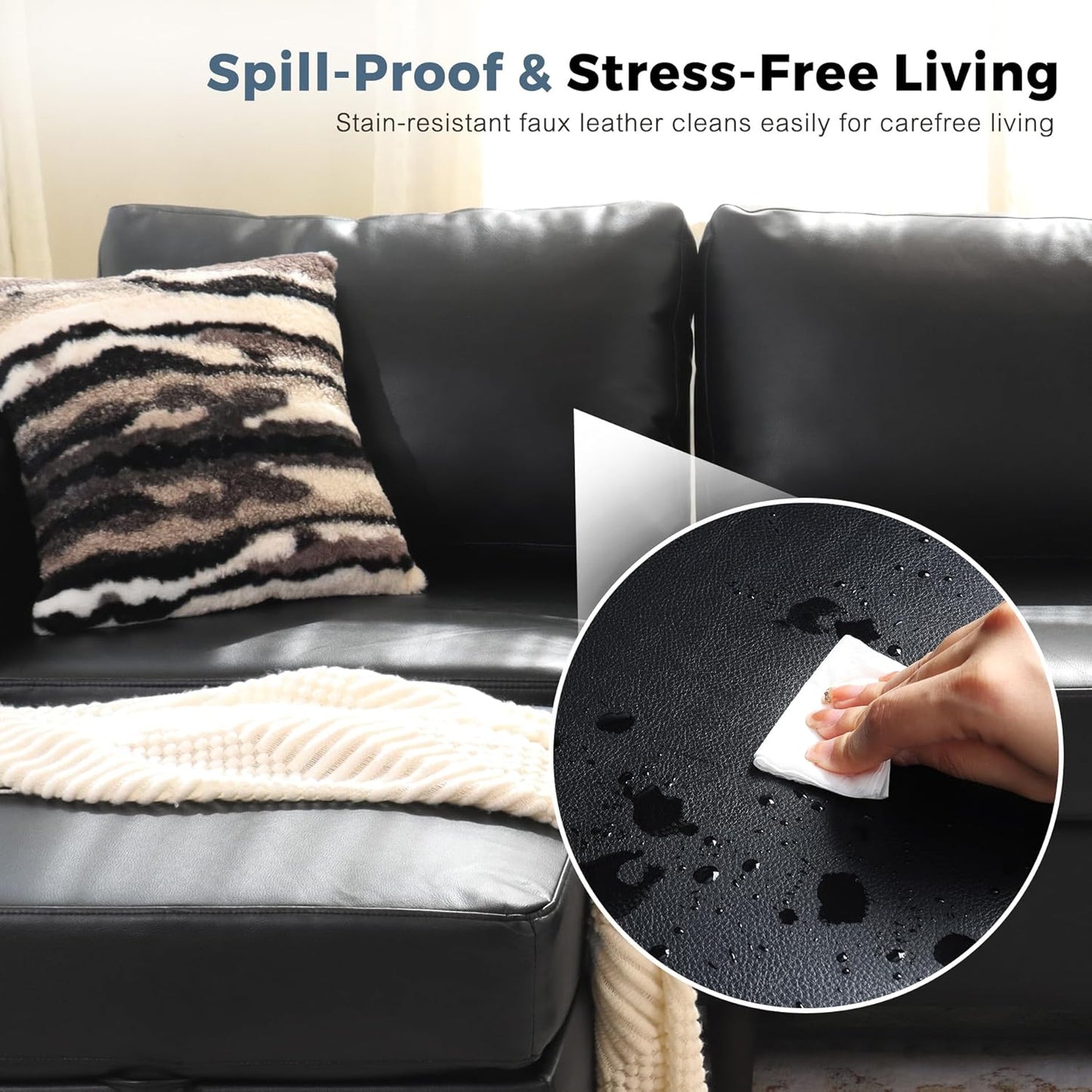 Faux Leather Single Sofa with Storage Ottoman, Modern Accent Chair Deep Seat Large Reading Armchair, Chaise Lounge Chair for Living Room Bedroom Office Black